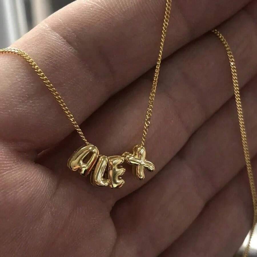 Mini Bubble Balloon Initial Letter Pendant Necklace – Personalized 18K Gold Plated Charm Jewelry for Women