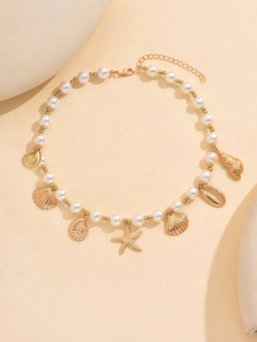 Ocean Style Faux Pearl Charm Necklace