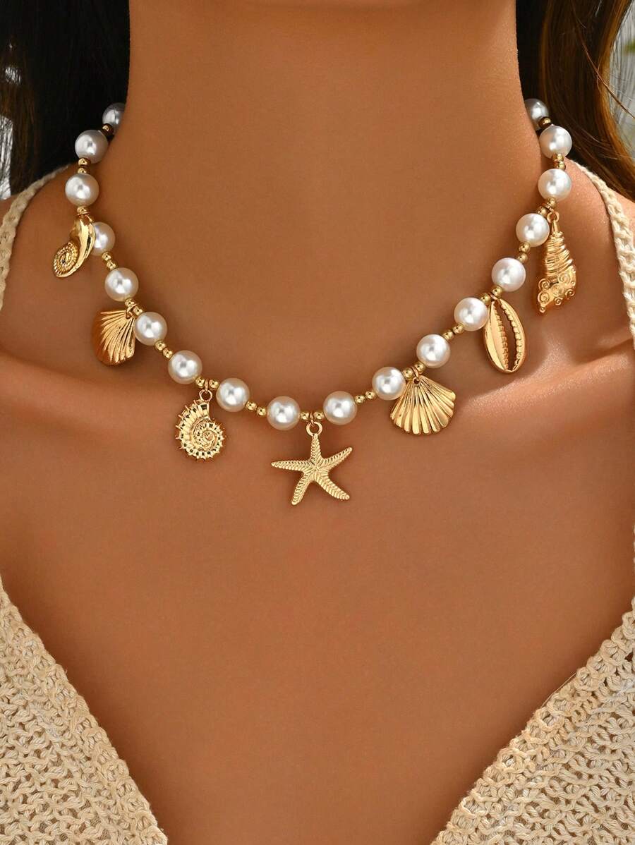 Ocean Style Faux Pearl Charm Necklace
