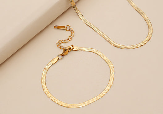 2 Pcs Flat Gold Snake Chain & Bracelet Set