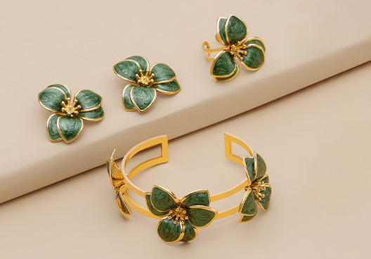 Pack of 3 Green Floral Enamel Jewelry Set Ring Bracelet Earrings