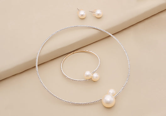3 Pcs Adjustable Pearl Jewelry Set Necklace Earrings Bracelet