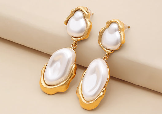 Dual Toned Pearl Geometric Drop Earrings