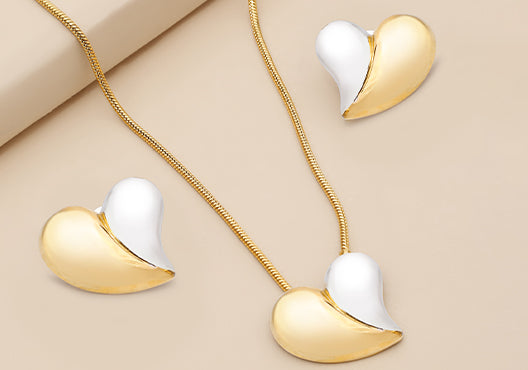 18k Gold Plated Dual Toned Heart Pendant & Earring Set