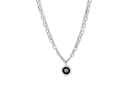 Silver Smiley Face Pendant Necklace – Layered Dual Tone
