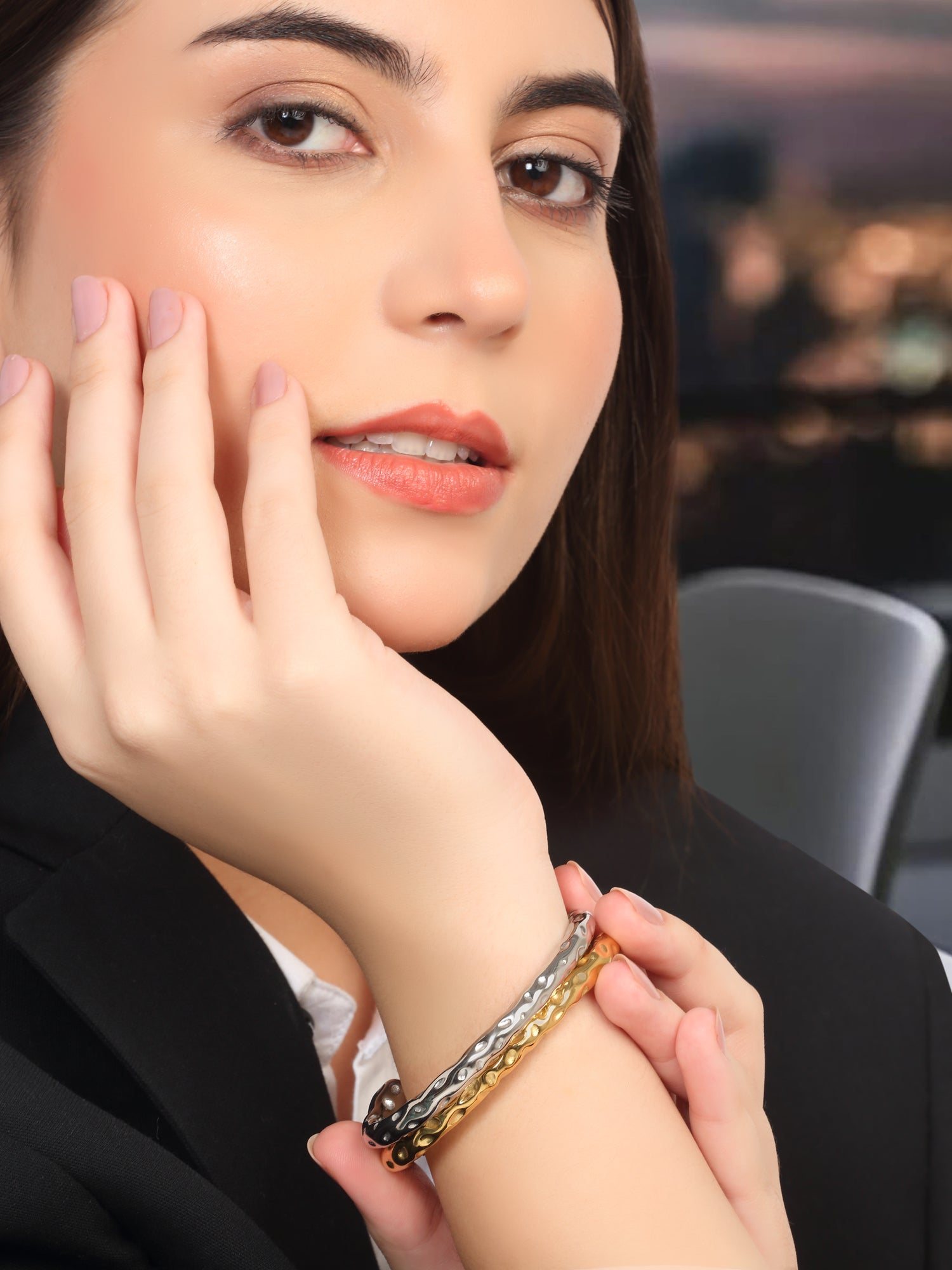 18k Gold Plated Dual Tone Hammered Cuff Bracelet Set
