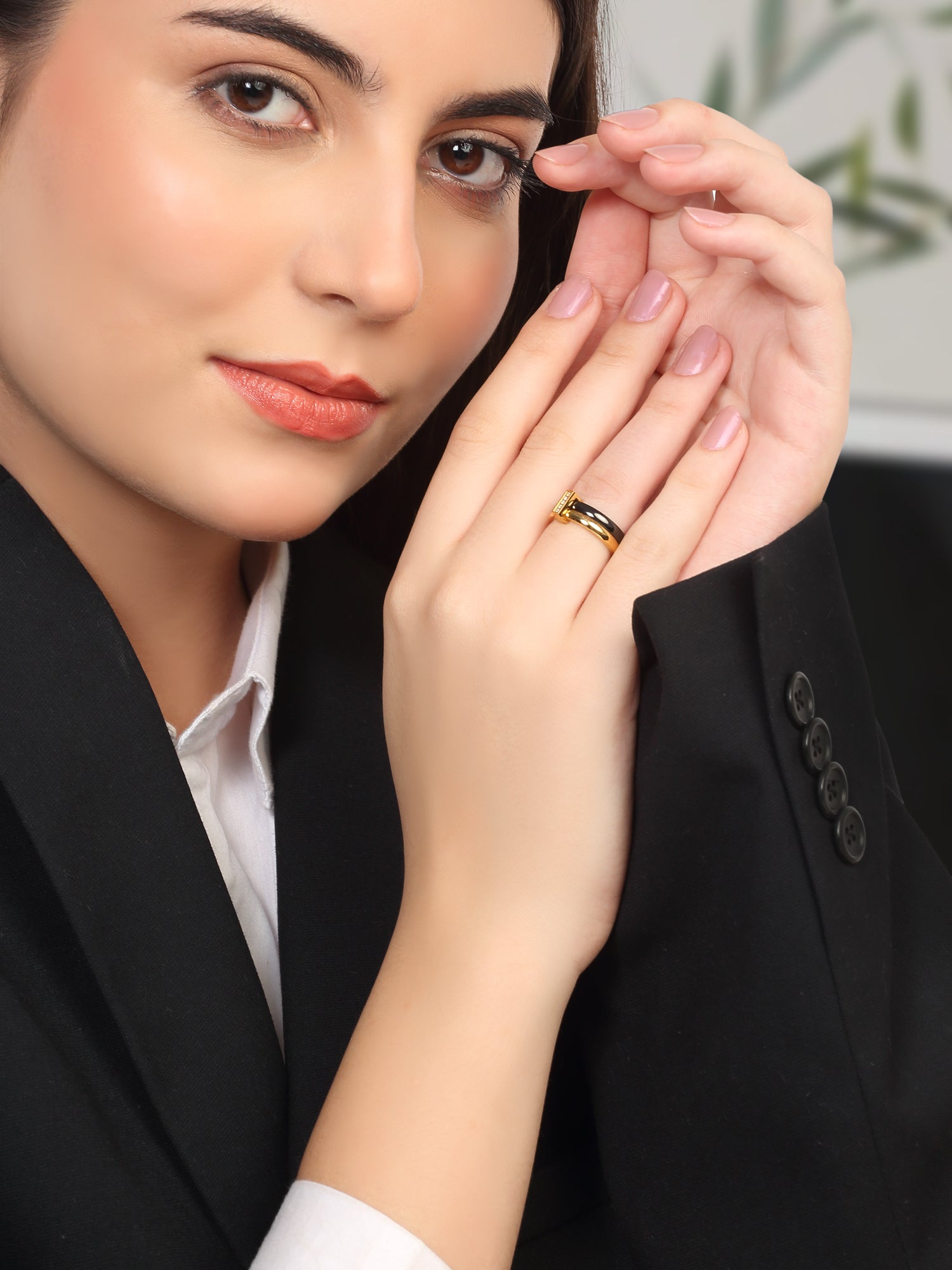 Enamel Black & Gold Double Layered Stackable Ring with Cubic Zirconia