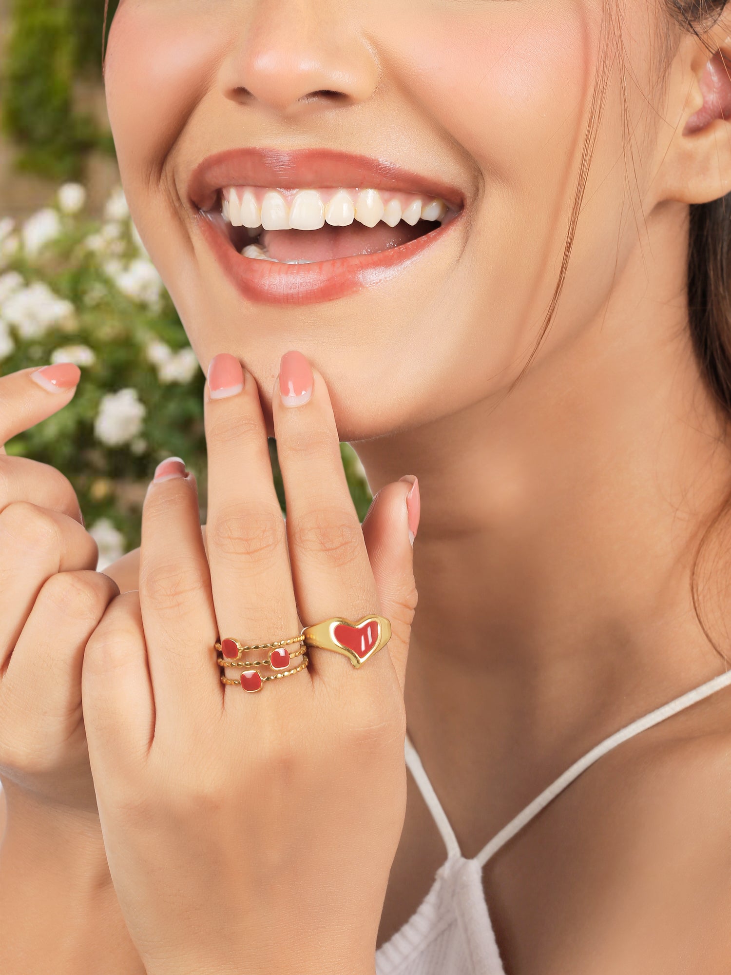 2 Pcs Adjustable Red Enamel Heart Ring Set
