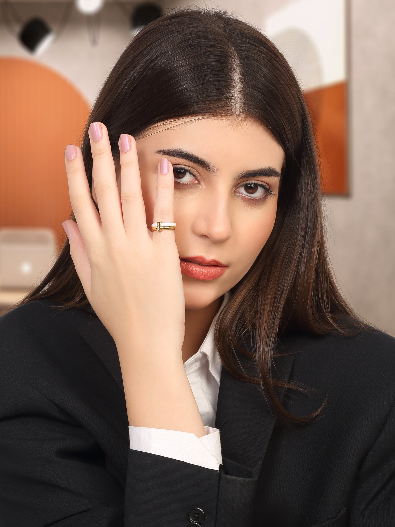 Enamel White & 18k Gold Plated Double Layered Stackable Ring with Cubic Zirconia