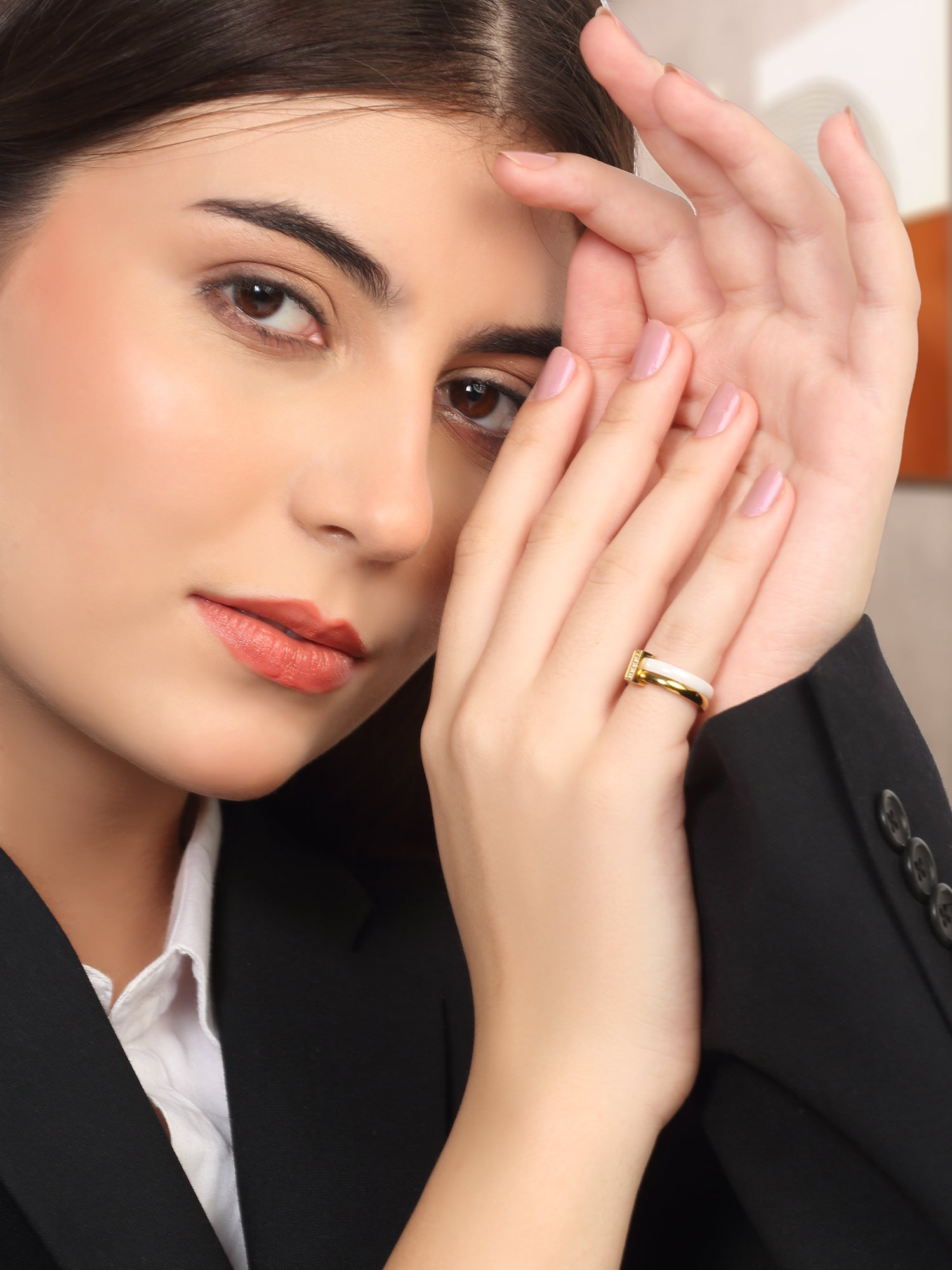Enamel White & 18k Gold Plated Double Layered Stackable Ring with Cubic Zirconia