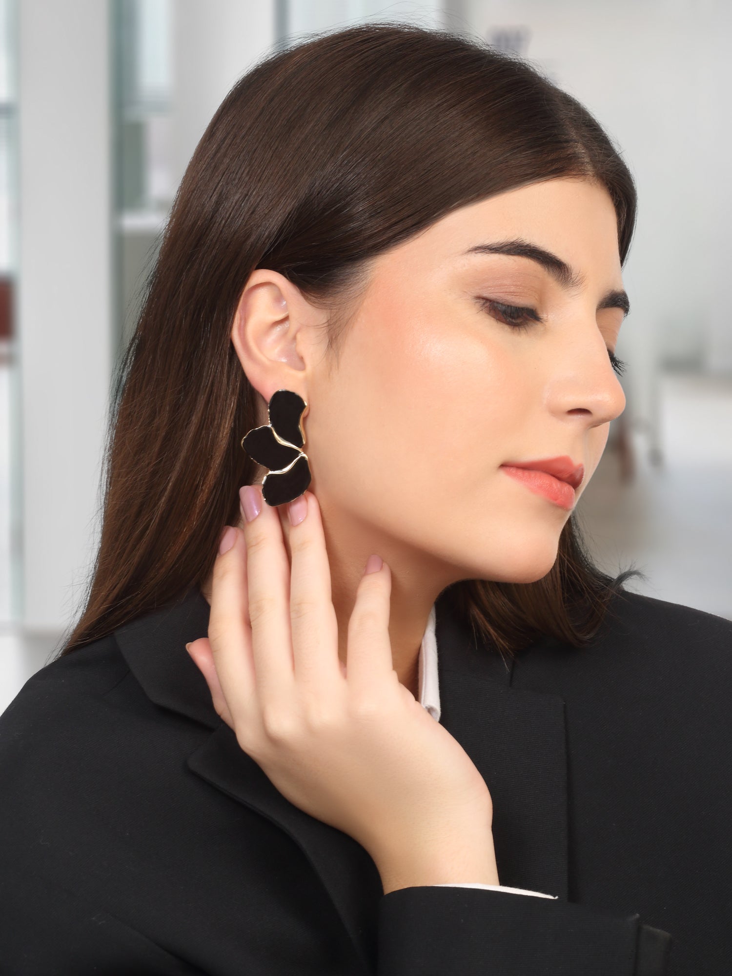 18k Gold Plated Enamel Black Floral Stud Earrings