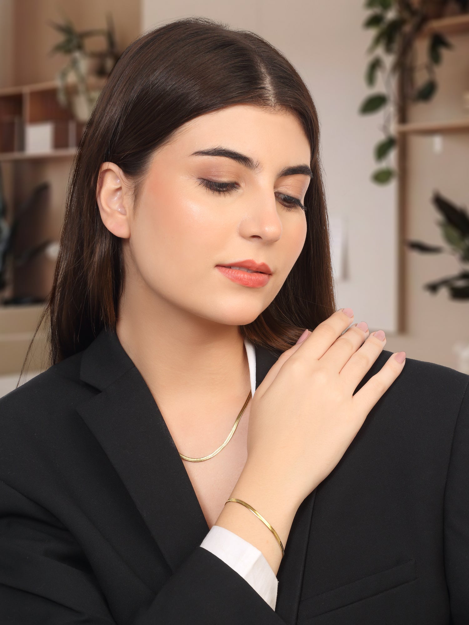 2 Pcs Flat Gold Snake Chain & Bracelet Set