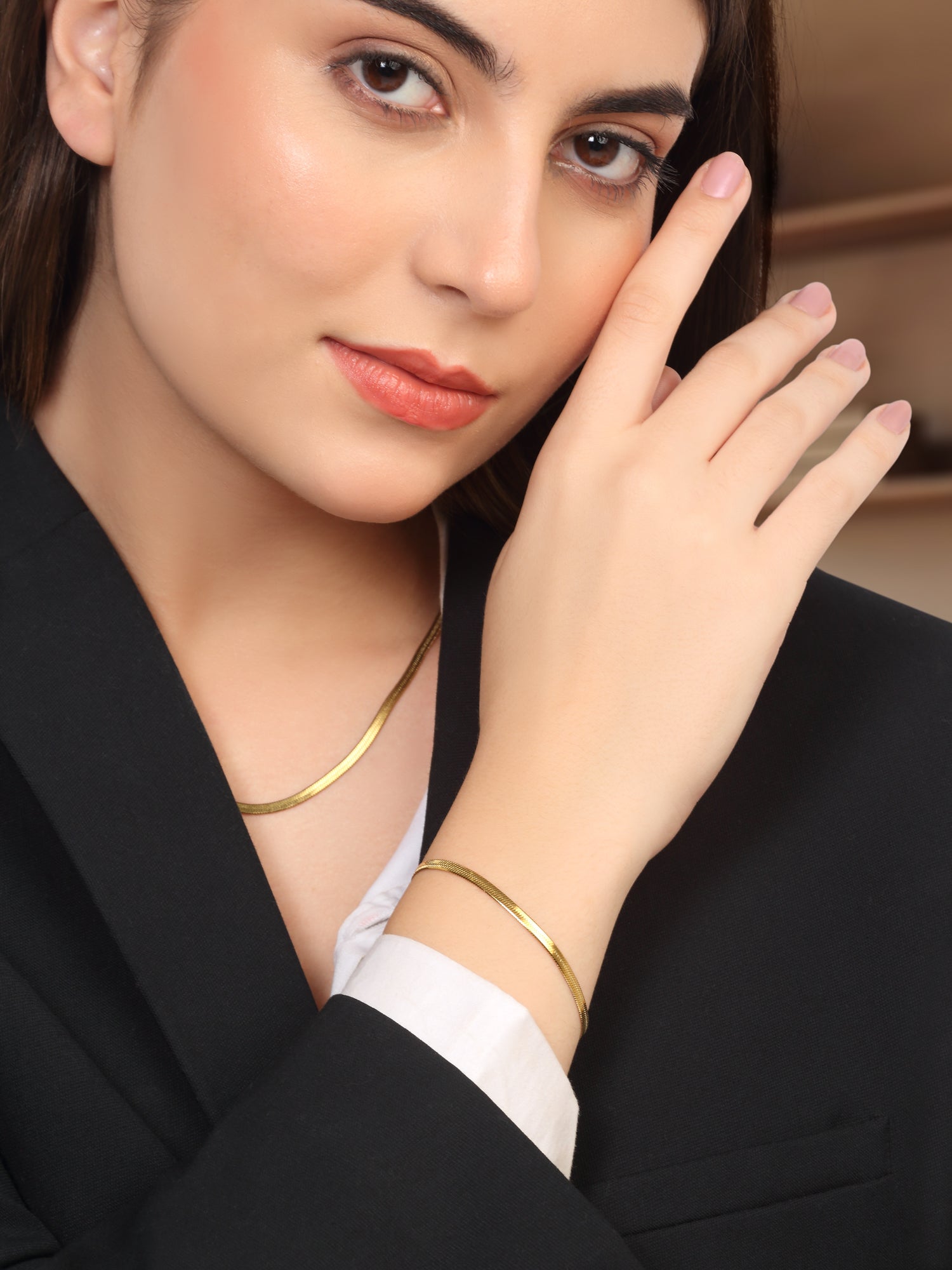 2 Pcs Flat Gold Snake Chain & Bracelet Set