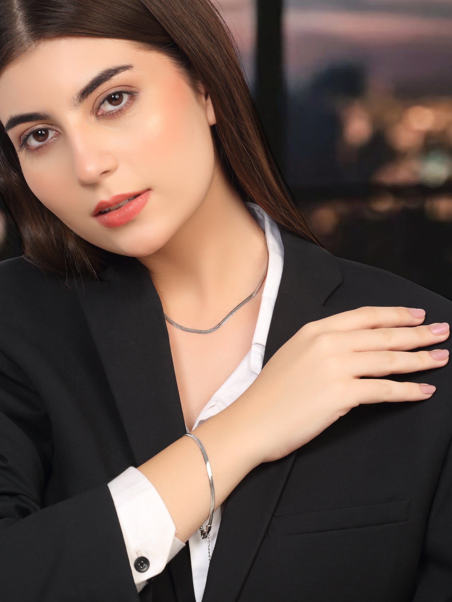 2 Pcs Flat Silver Snake Chain & Bracelet Set