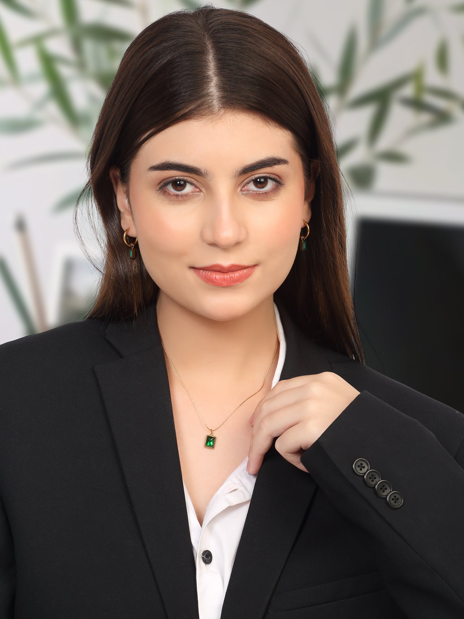 18k Gold Plated Emerald Green Rectangle Necklace & Earrings Set