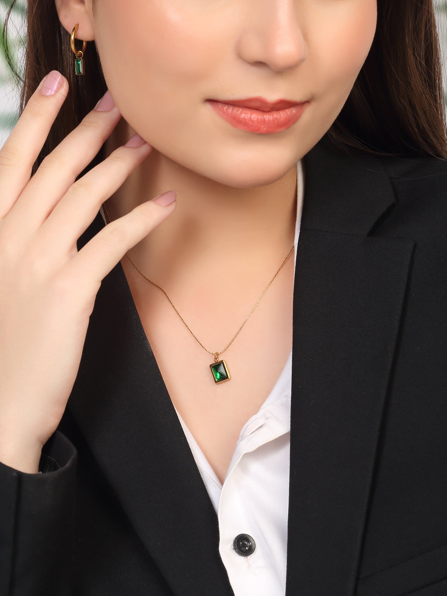 18k Gold Plated Emerald Green Rectangle Necklace & Earrings Set