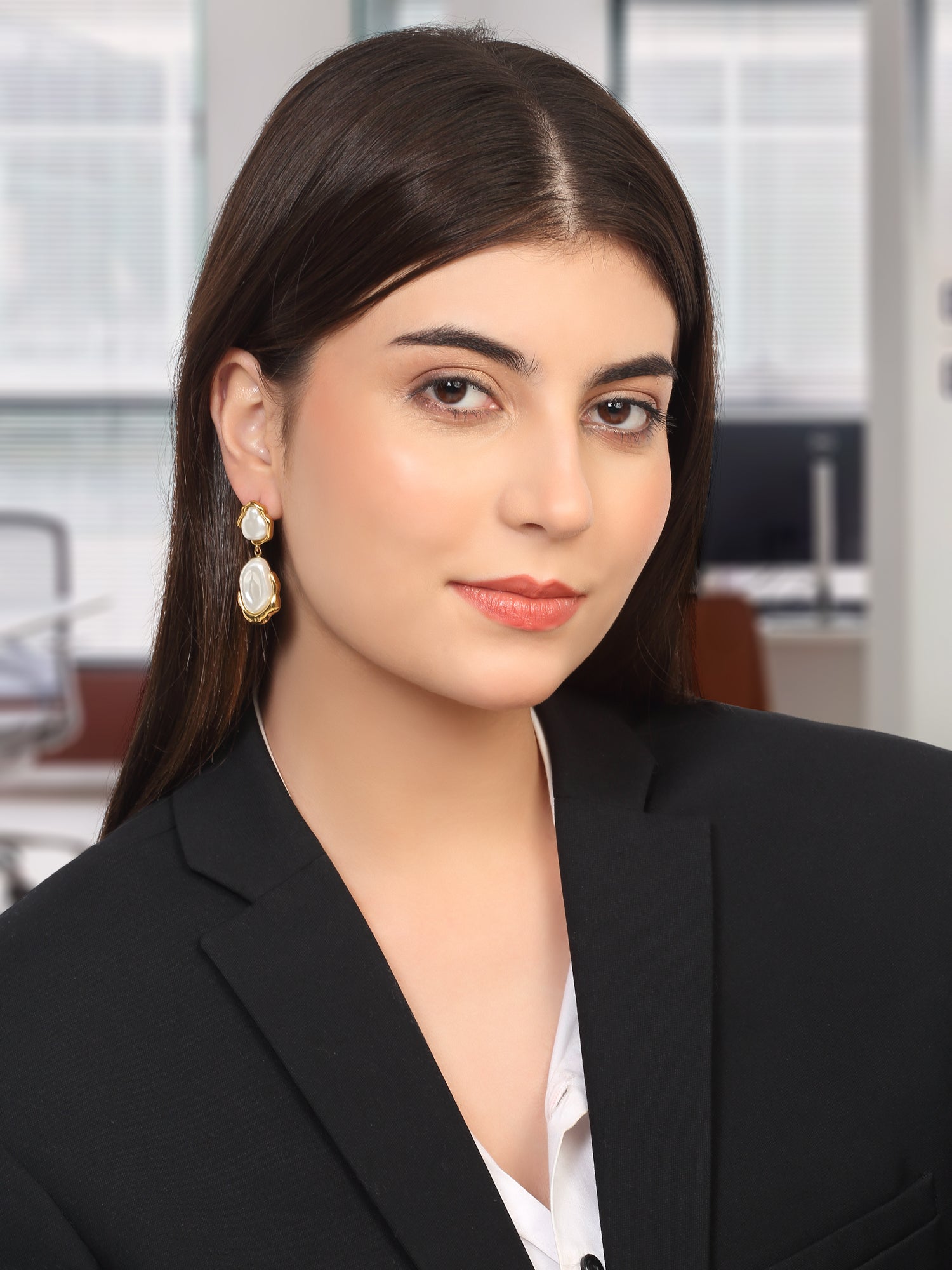 Dual Toned Pearl Geometric Drop Earrings