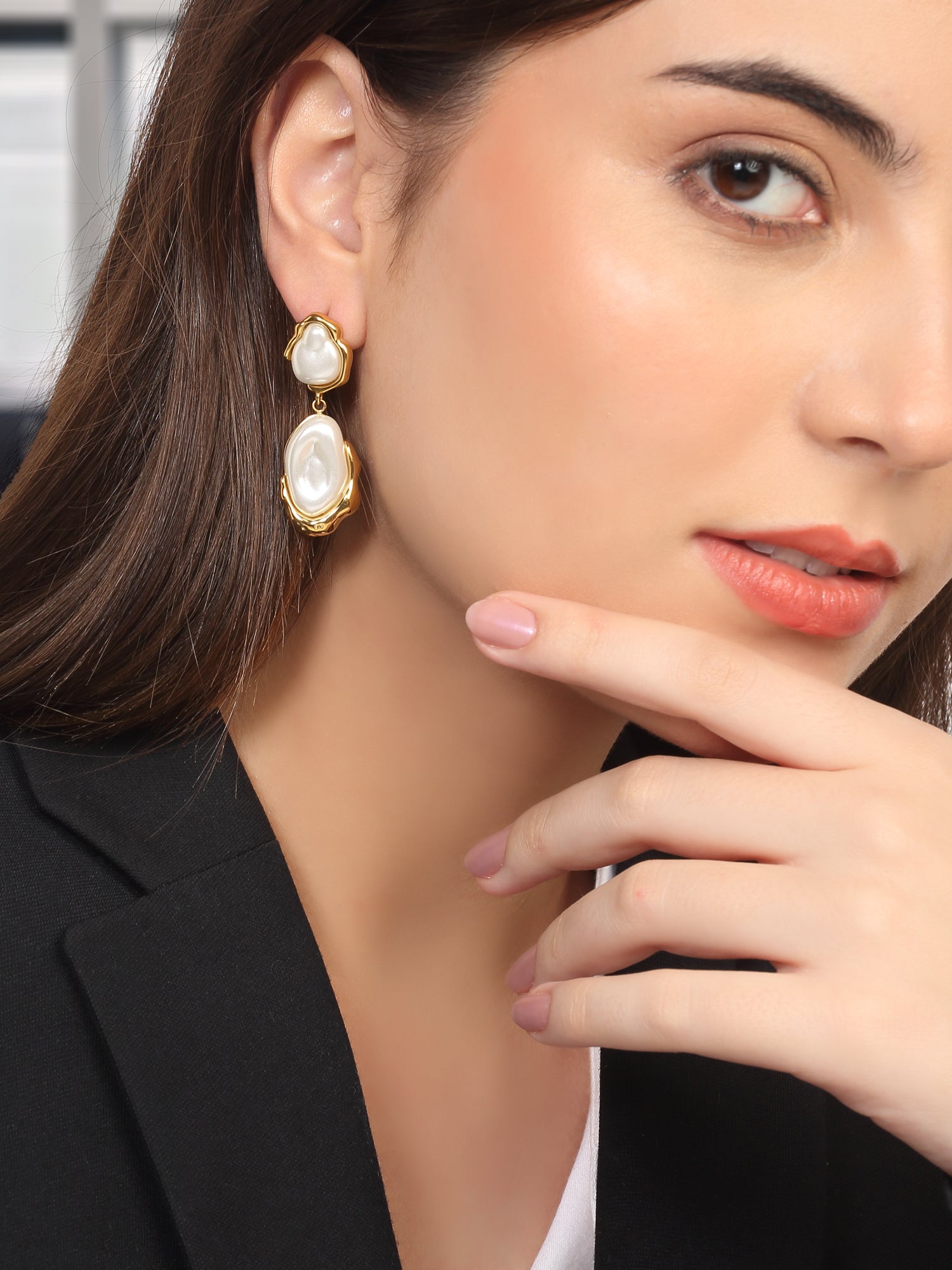 Dual Toned Pearl Geometric Drop Earrings