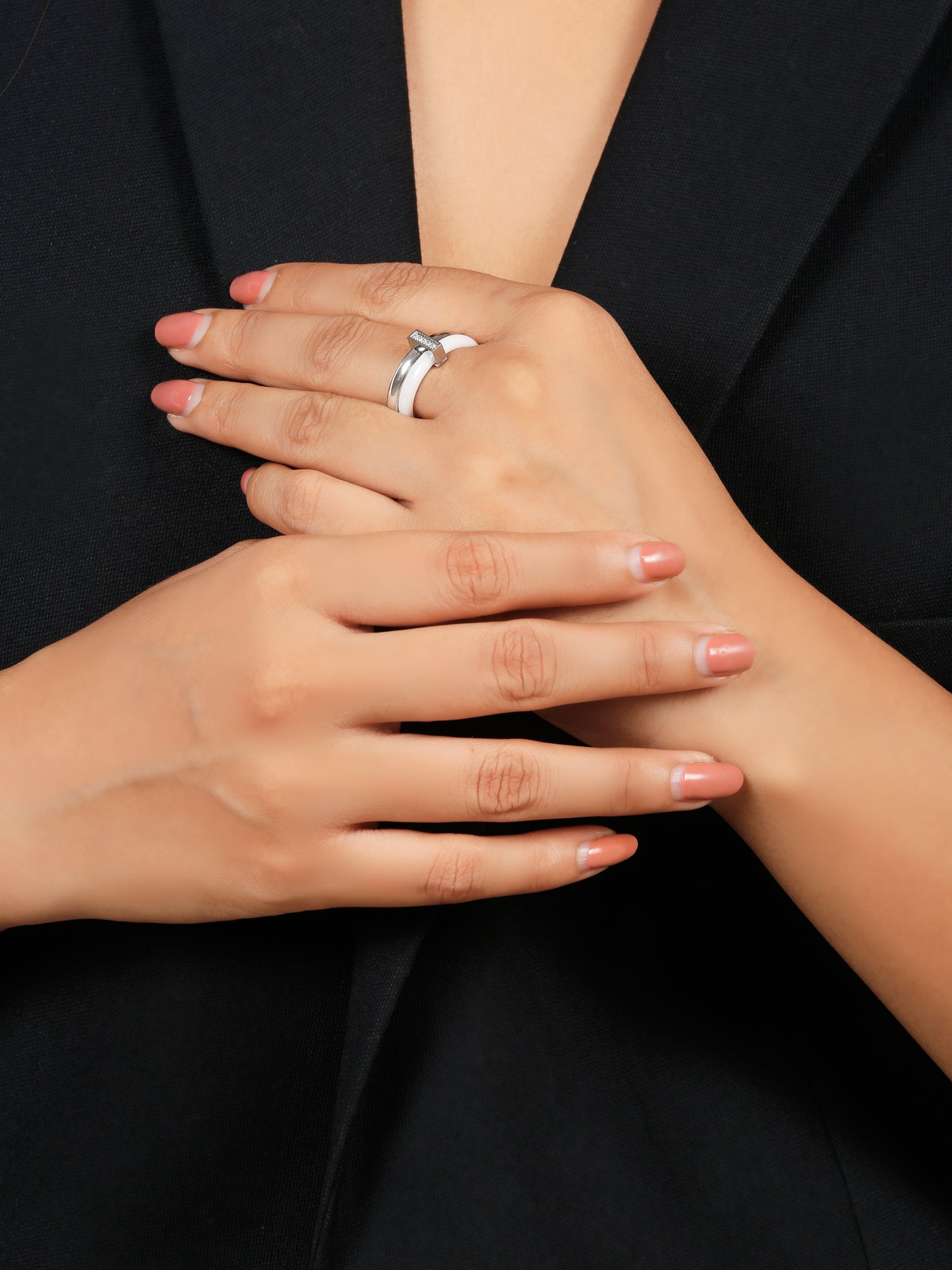 Enamel White & Silver Double Layered Stackable Ring with Cubic Zirconia