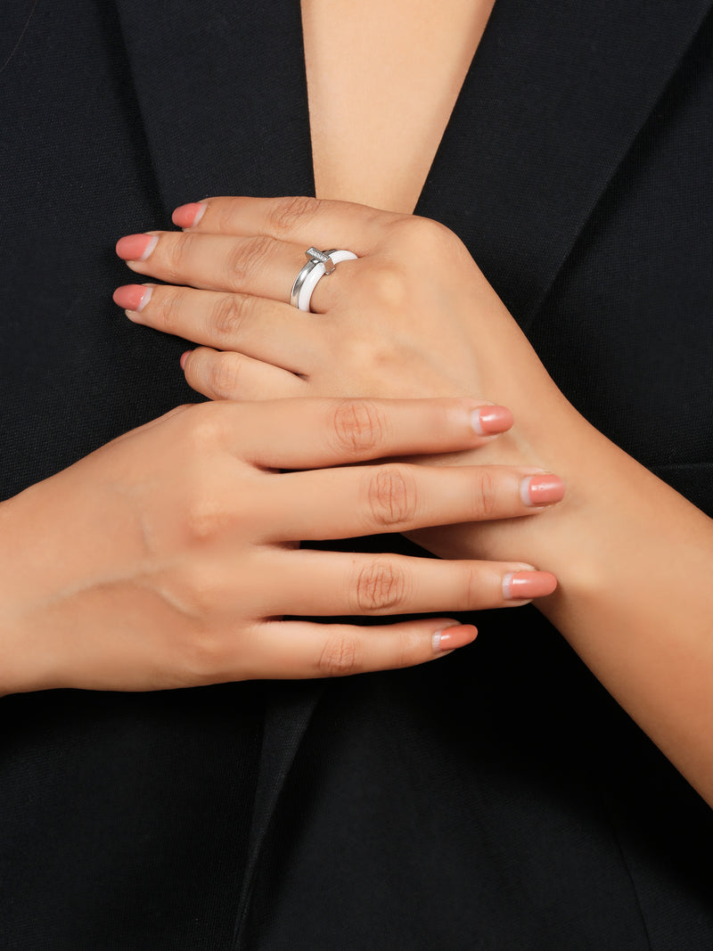 Enamel White & Silver Double Layered Stackable Ring with Cubic Zirconia