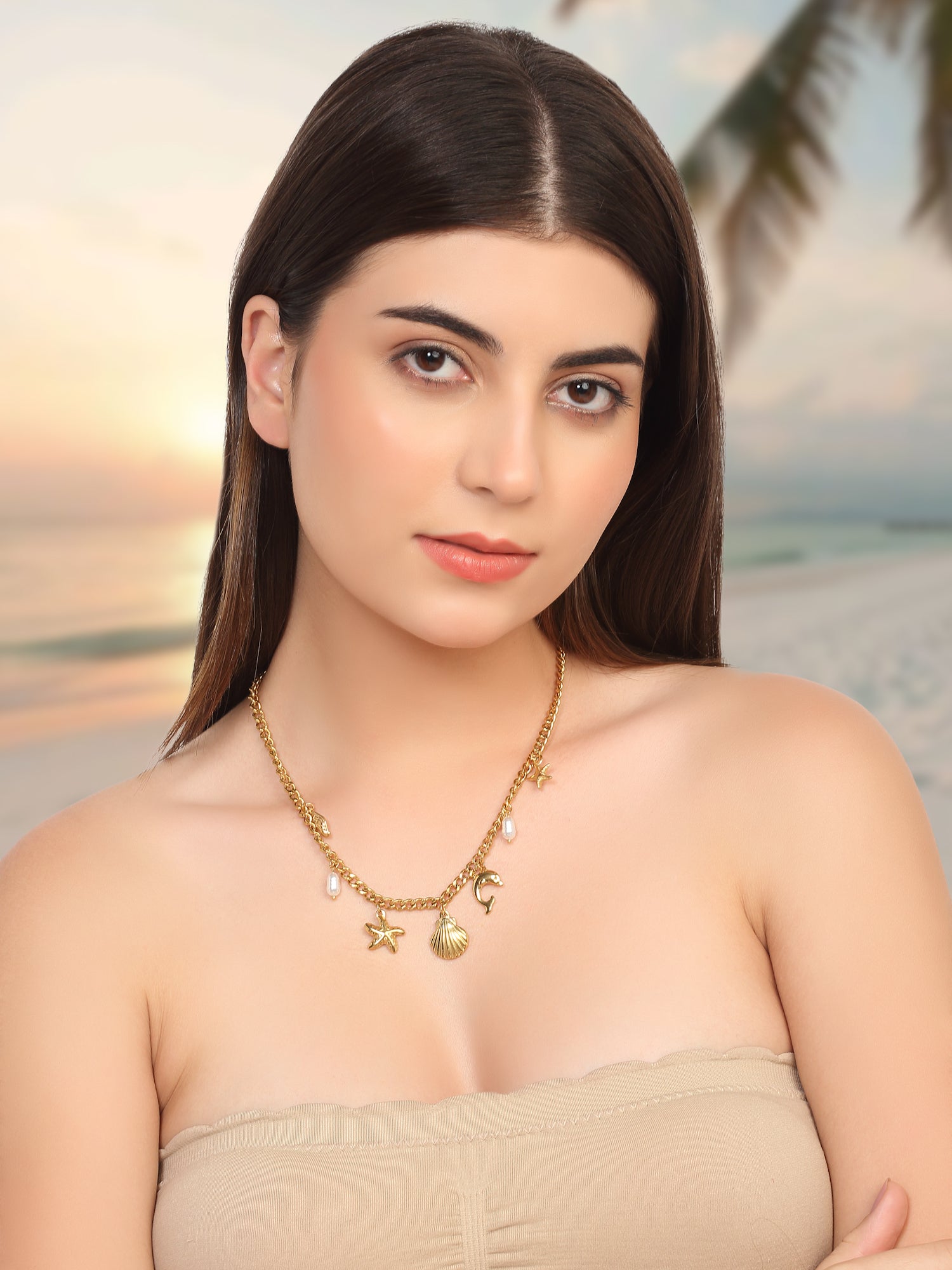 Gold Plated Multiple Charms Ocean Style Necklace