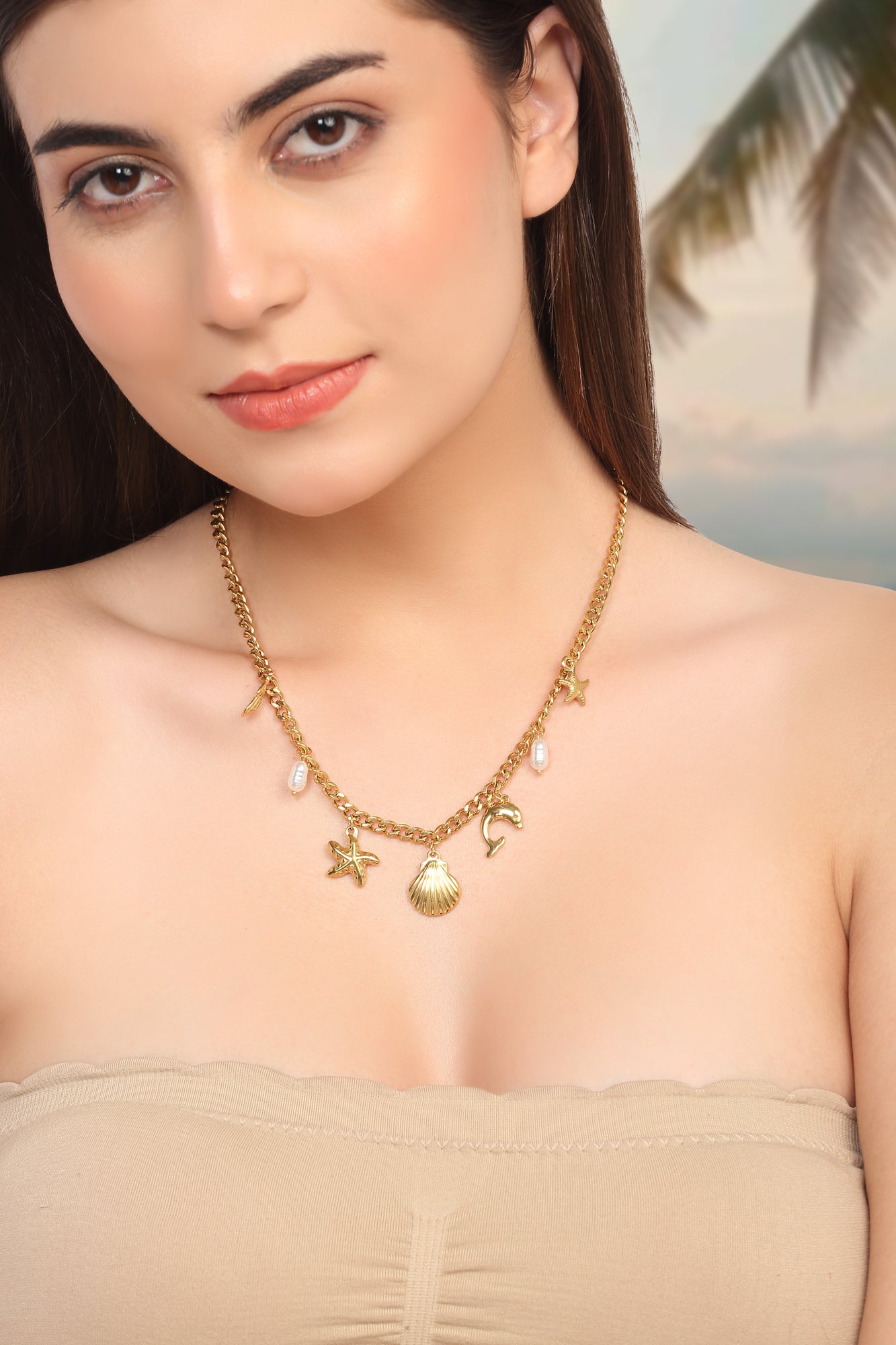Gold Plated Multiple Charms Ocean Style Necklace
