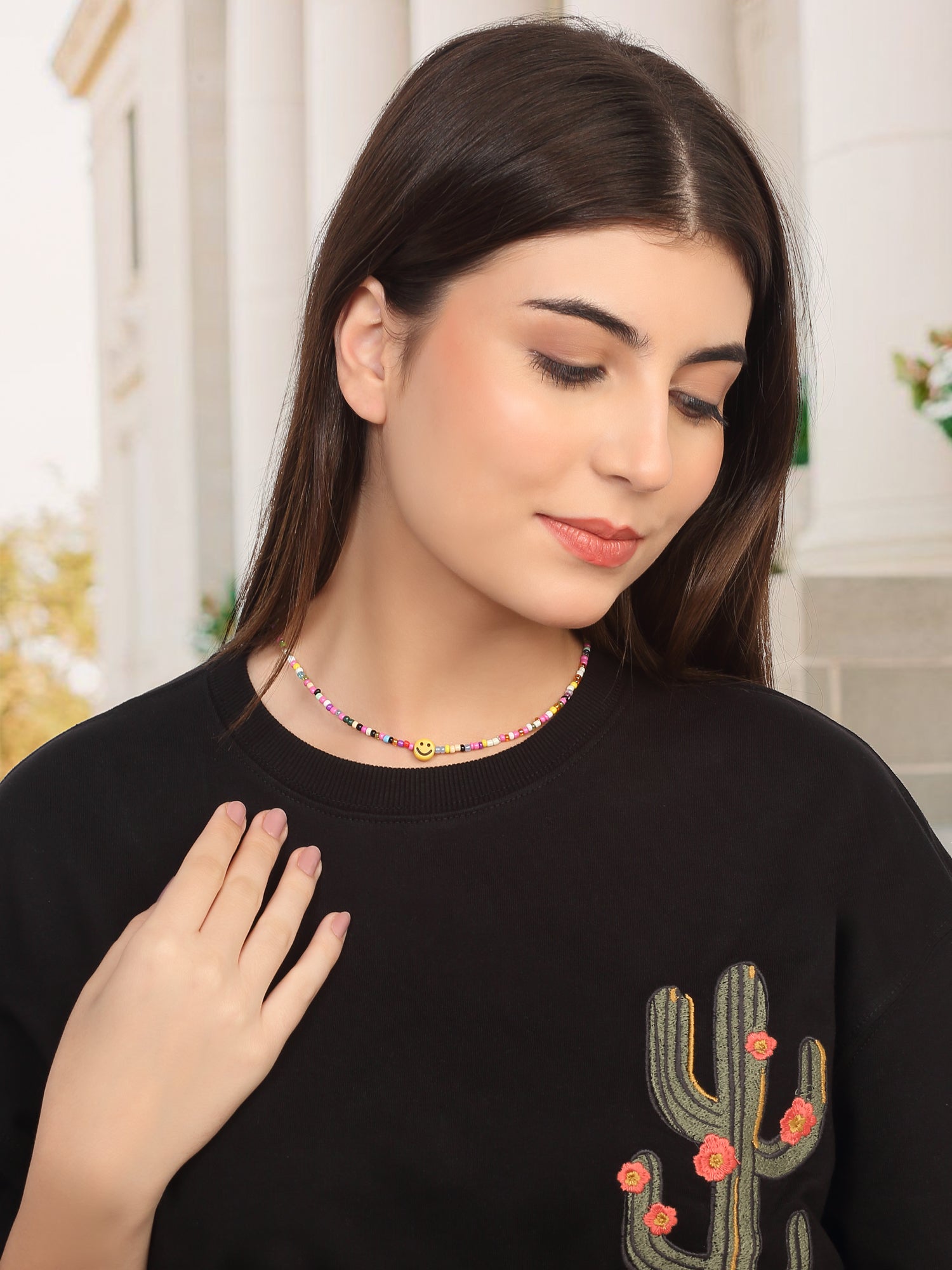Multicolor Beaded Layering Necklace with Smiley Pendant