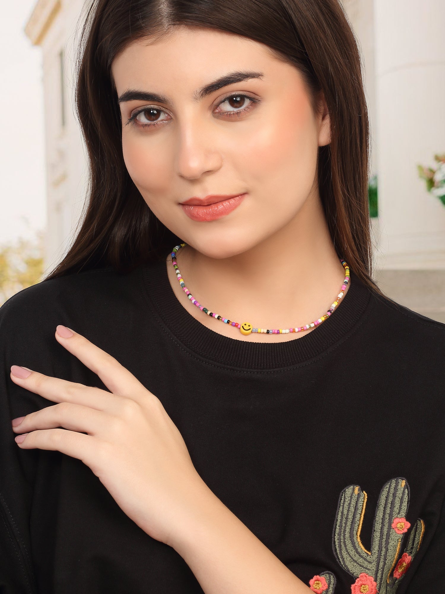 Multicolor Beaded Layering Necklace with Smiley Pendant