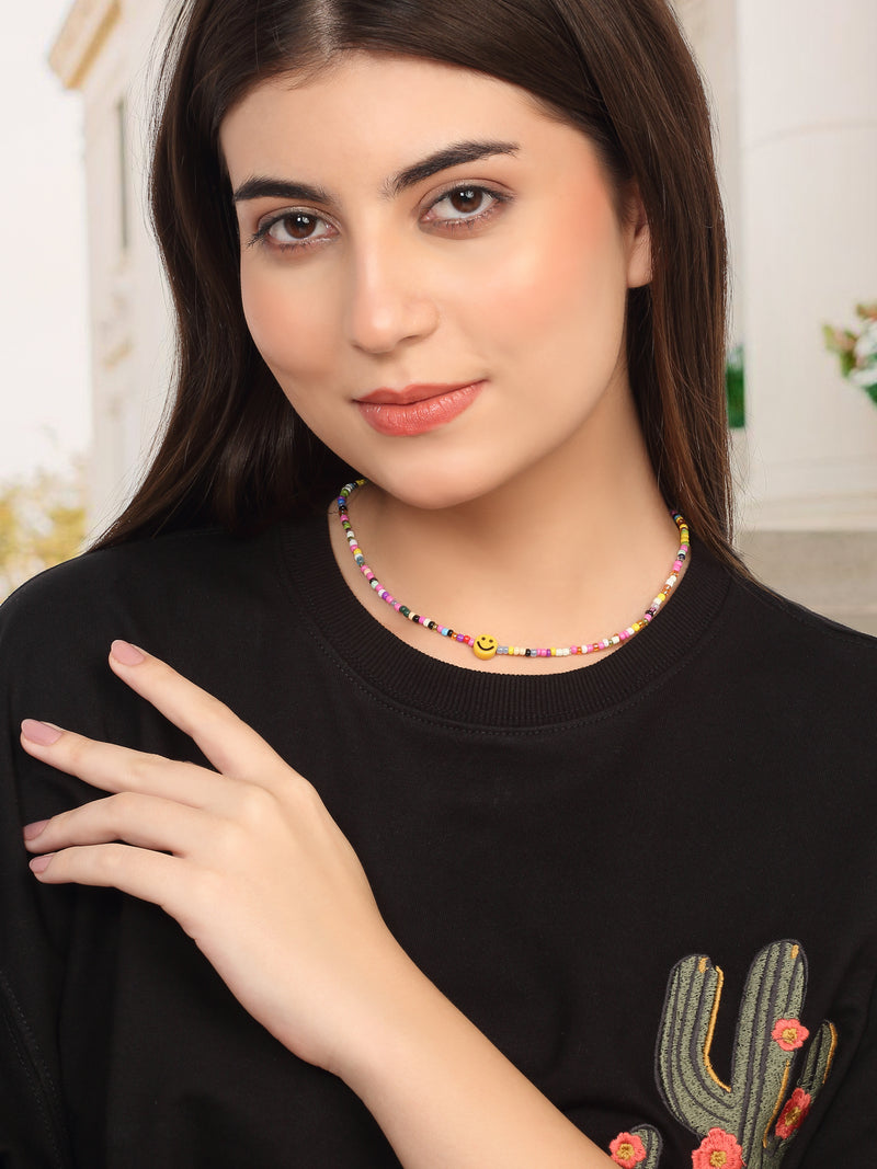 Multicolor Beaded Layering Necklace with Smiley Pendant