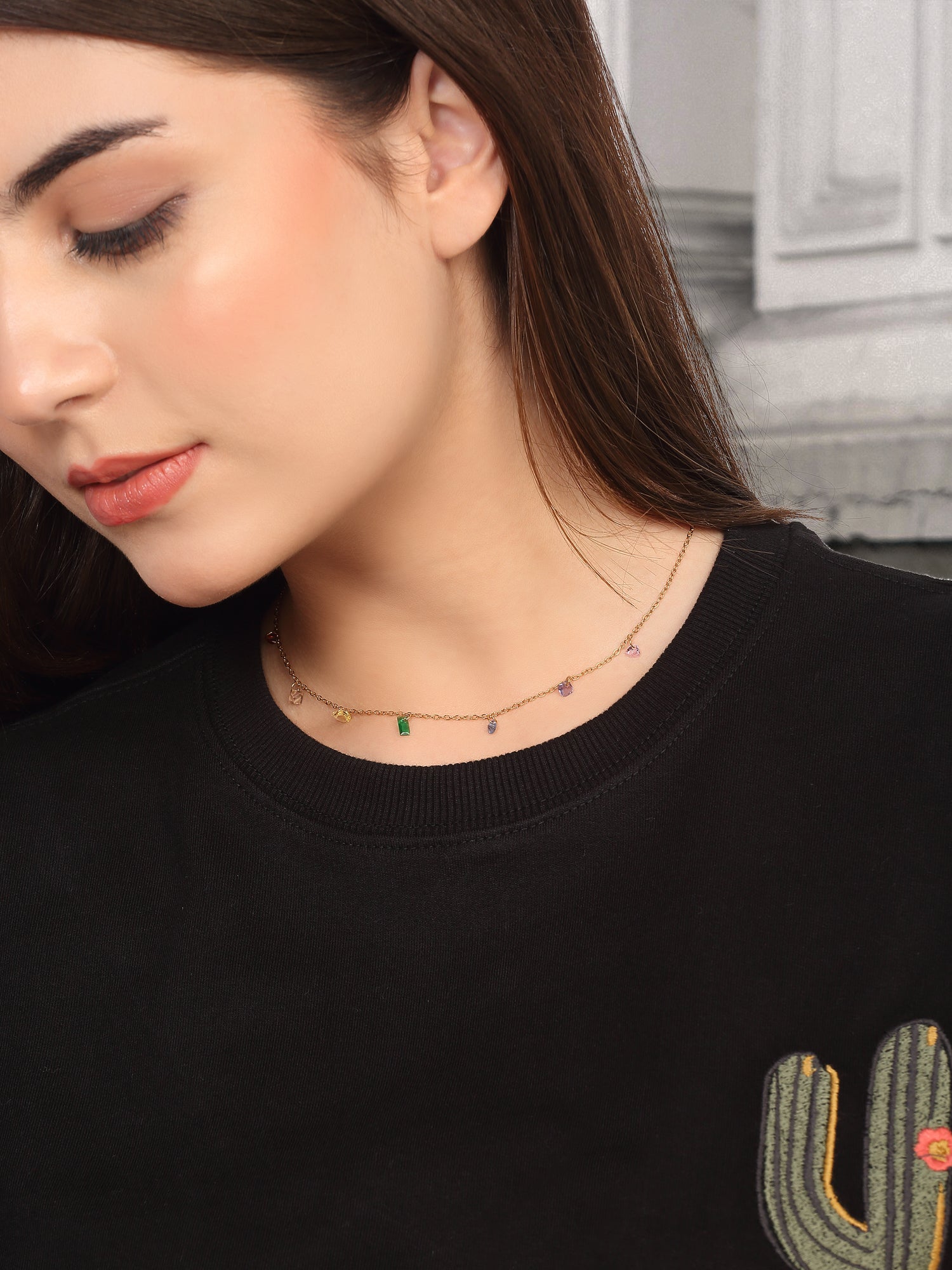 18k Gold-Plated Dainty Rainbow Rectangle Pendant Necklace