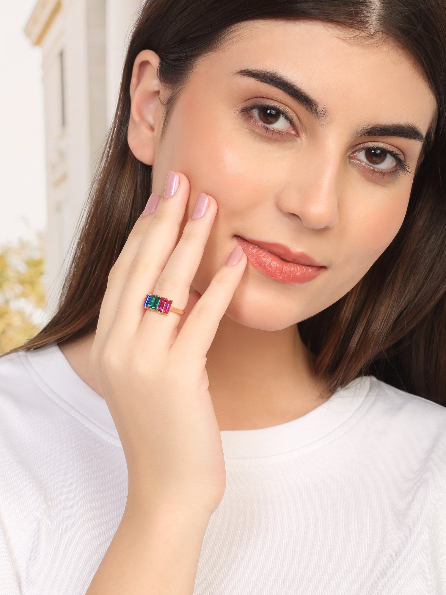 18k Gold-Plated Multicolor Rectangle In a Row Adjustable Ring