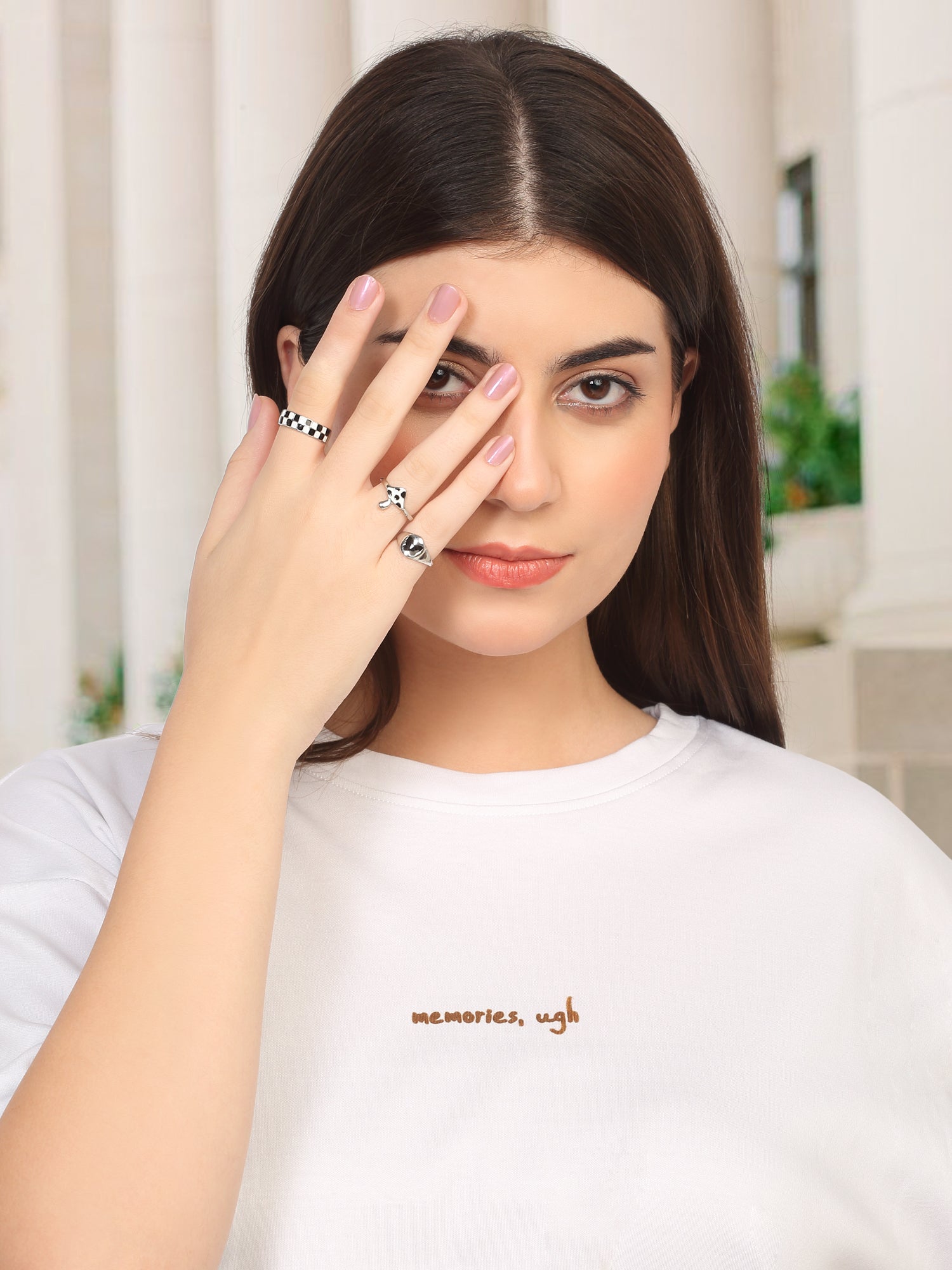3 Pcs Checkered Black Adjustable Ring Set – Mushroom, Dome & Butterfly