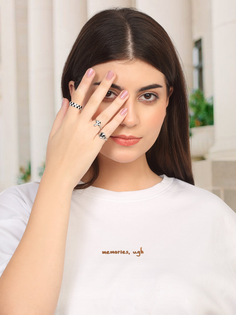 3 Pcs Checkered Black Adjustable Ring Set – Mushroom, Dome & Butterfly