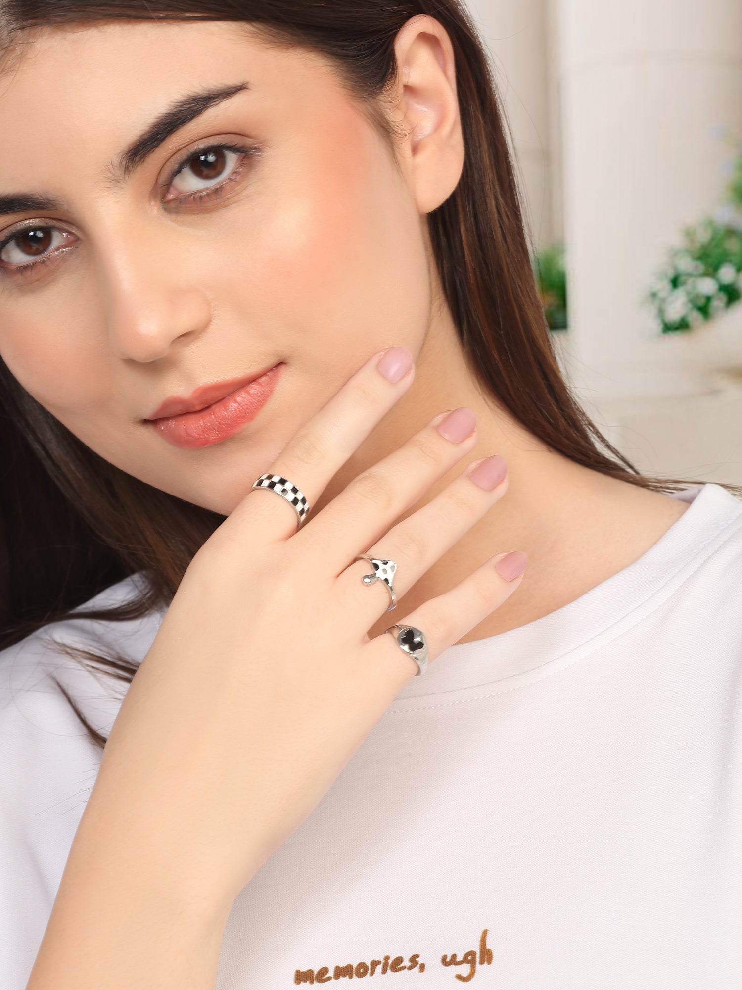 3 Pcs Checkered Black Adjustable Ring Set – Mushroom, Dome & Butterfly
