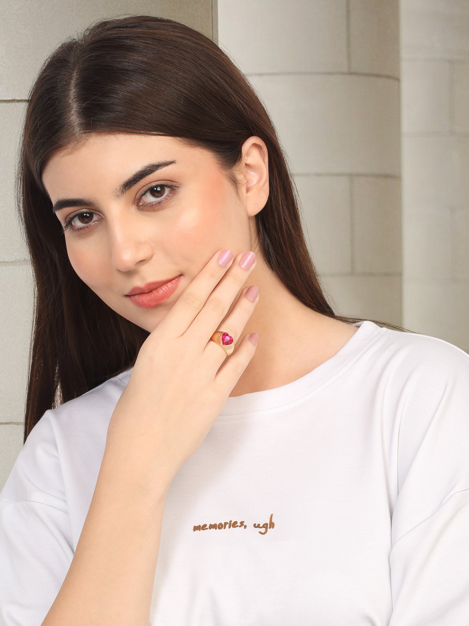 18k Gold-Plated Big Pink Heart Adjustable Ring