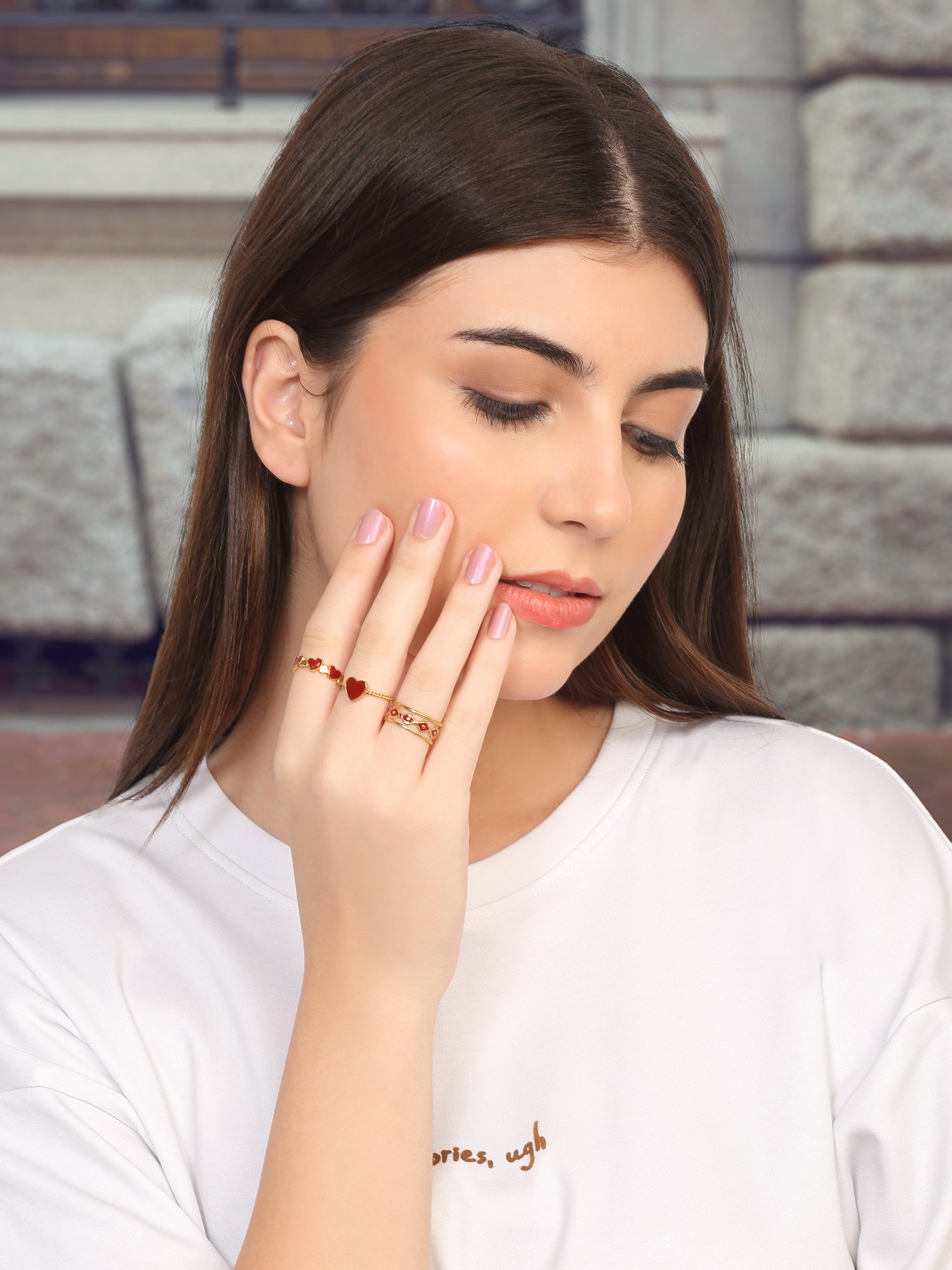 3 Pcs Adjustable Red Enamel Heart Ring Set