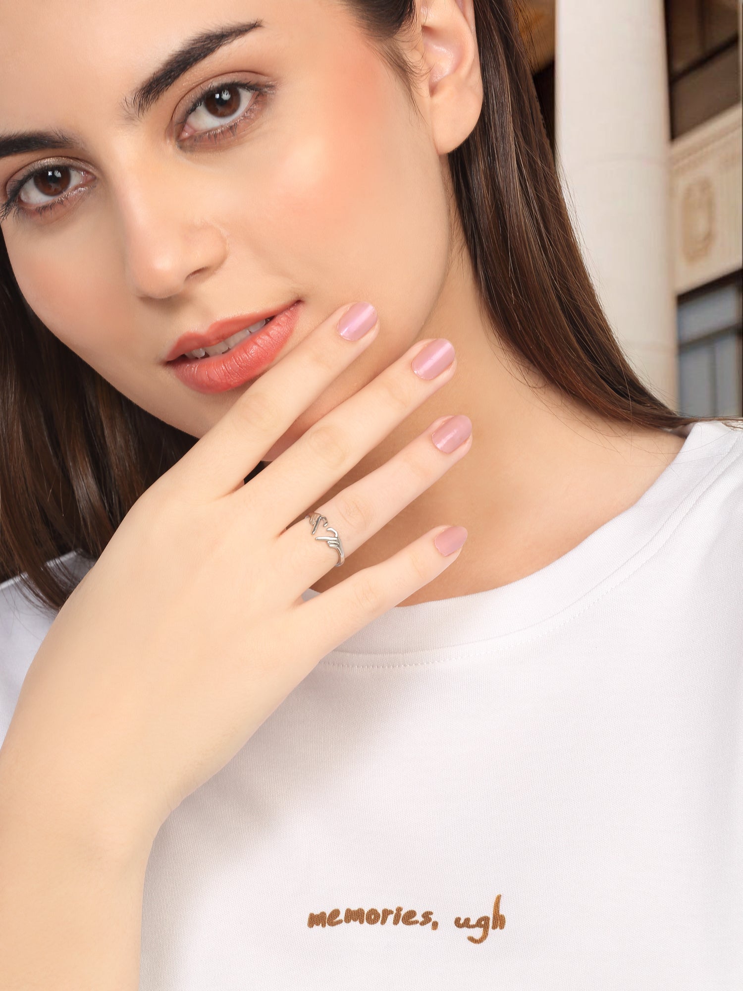 Silver Adjustable Heart Hands Ring
