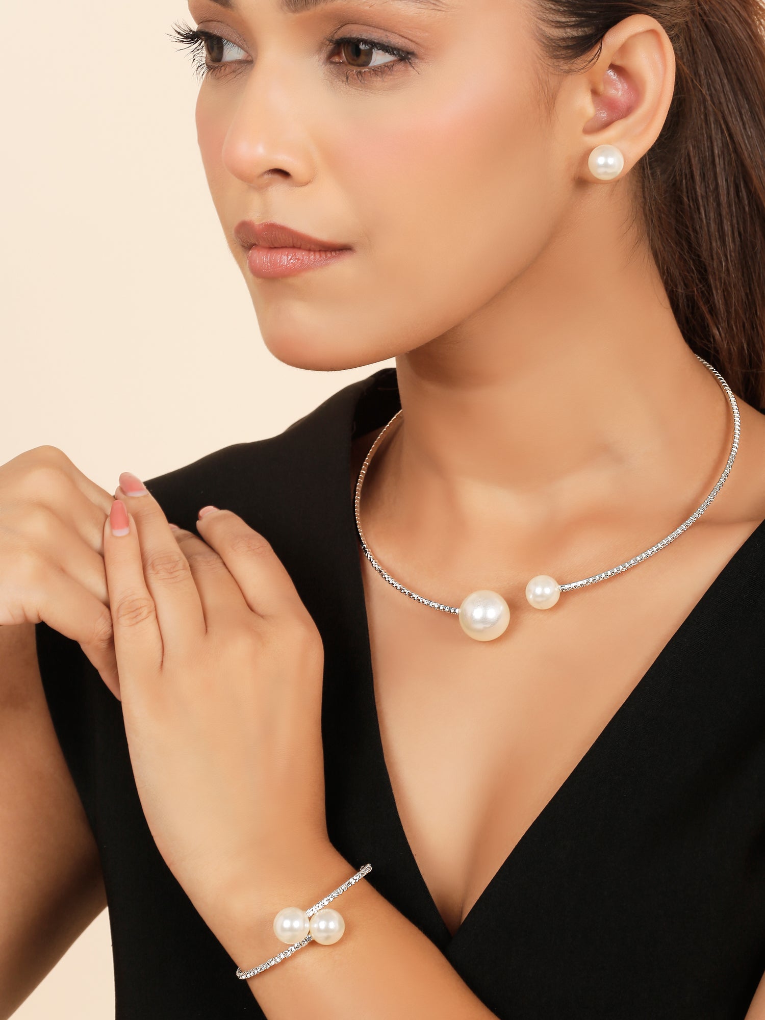 3pcs Adjustable Pearl Necklace, Bracelet & Earrings Jewelry Set