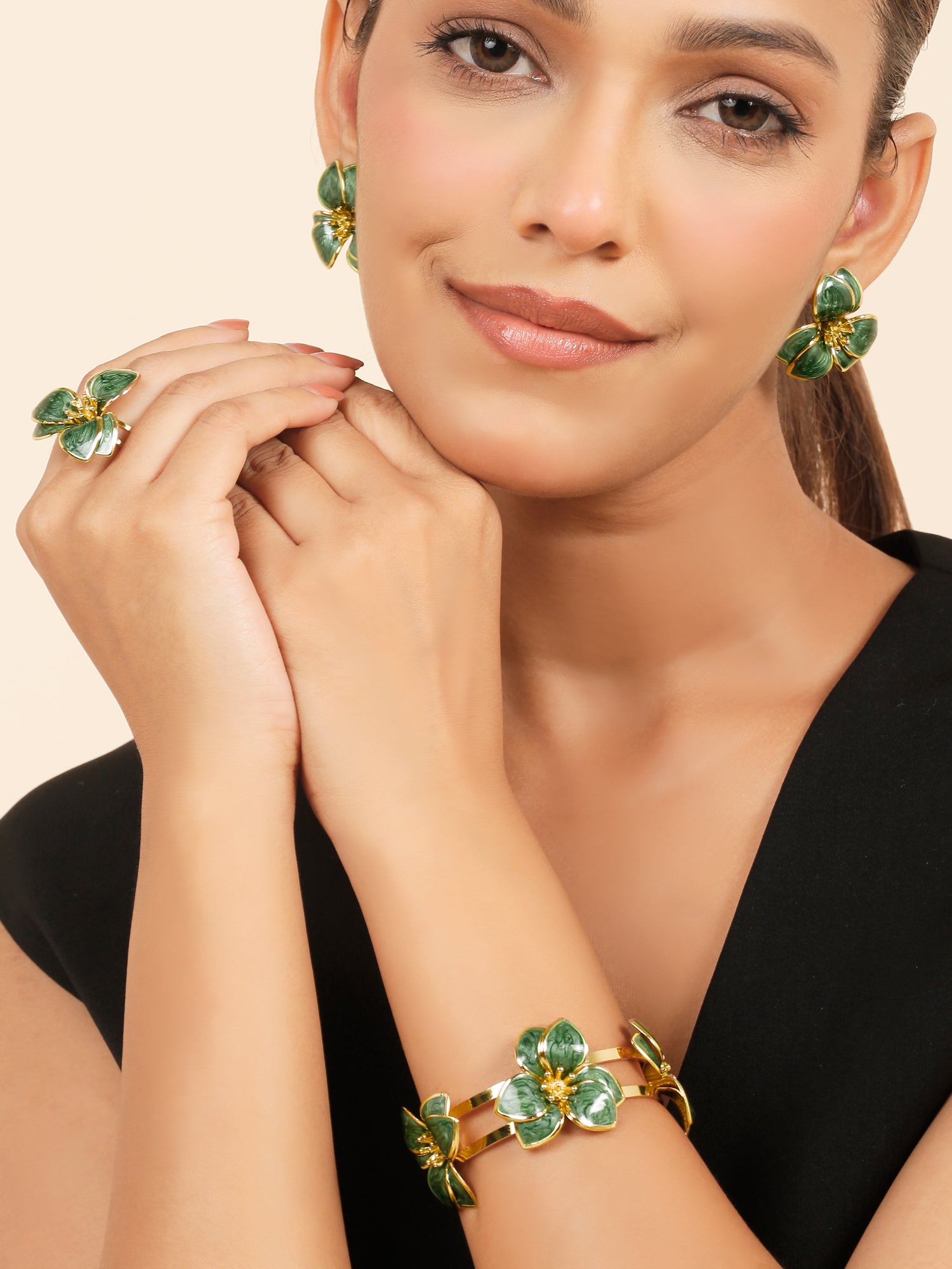 Green Enamel Floral Power Set – 3 Pc Statement Bracelet, Ring & Earrings Jewelry Set for Women