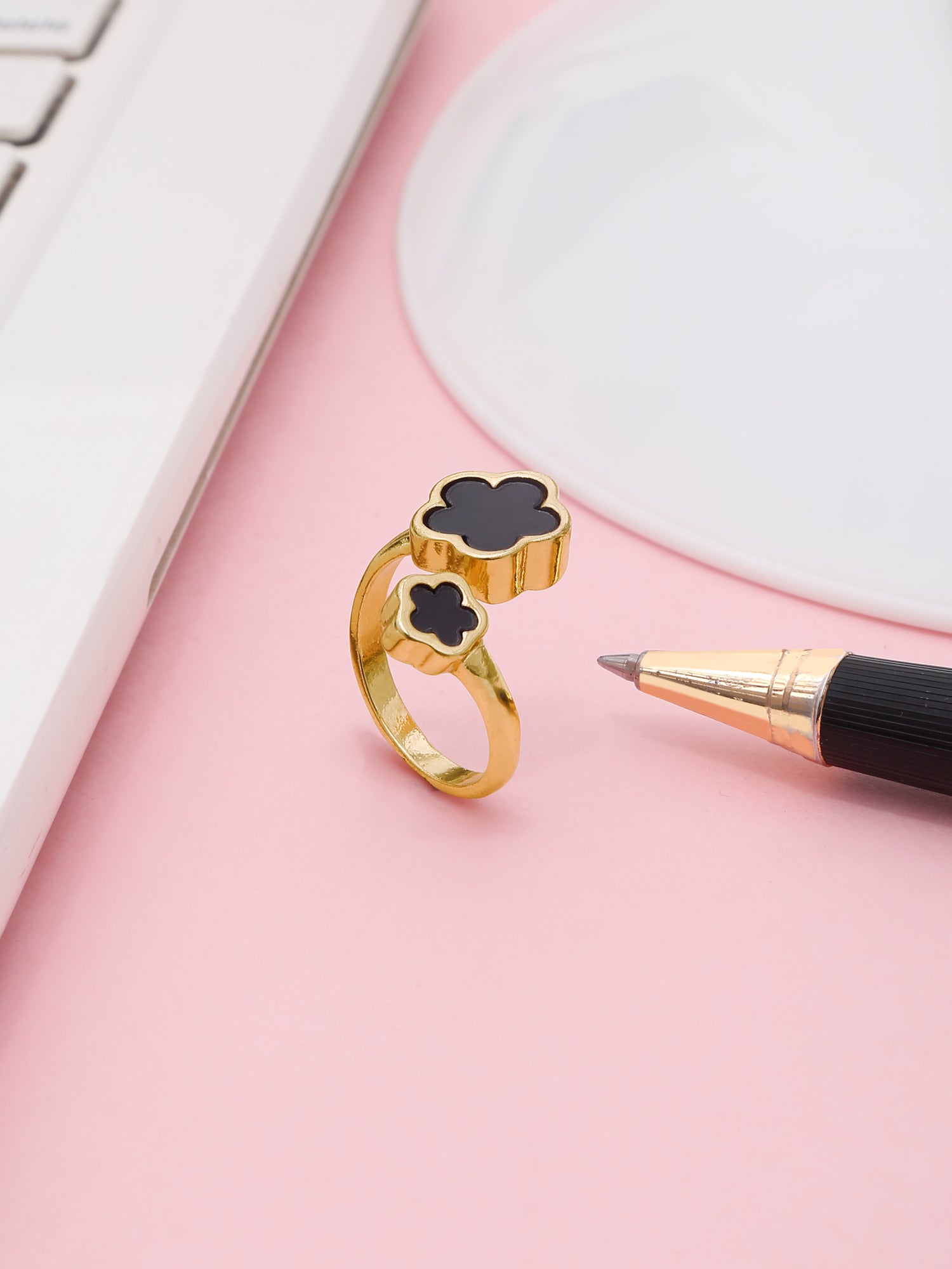 Midnight Bloom: Adjustable Black Enamel Flower Ring in 18K Gold Plating