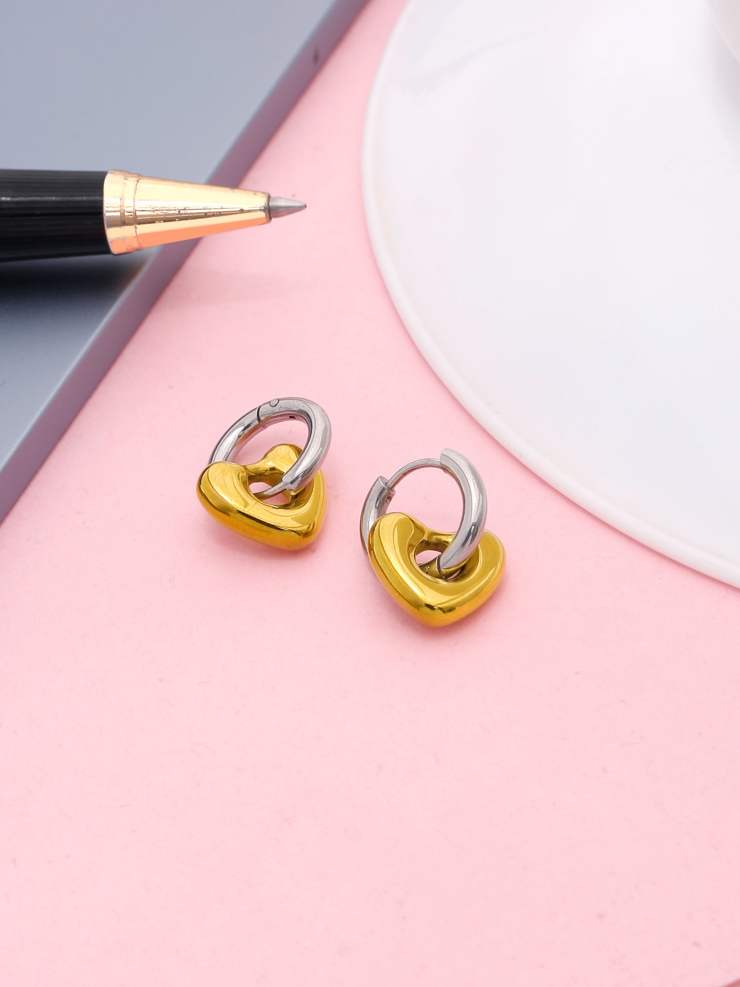 Dual-Tone Heart Lock Hoop Earrings