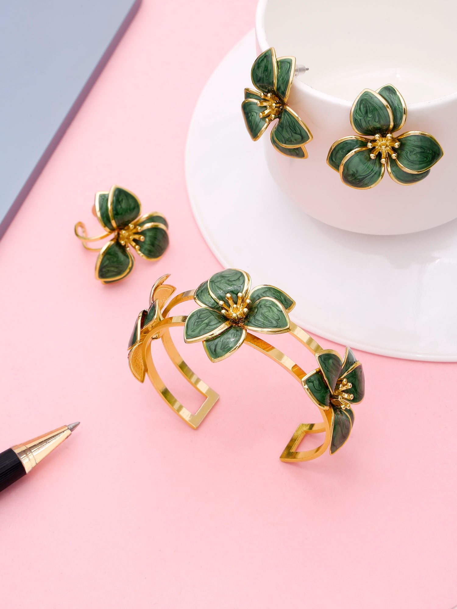 Green Enamel Floral Power Set – 3 Pc Statement Bracelet, Ring & Earrings Jewelry Set for Women