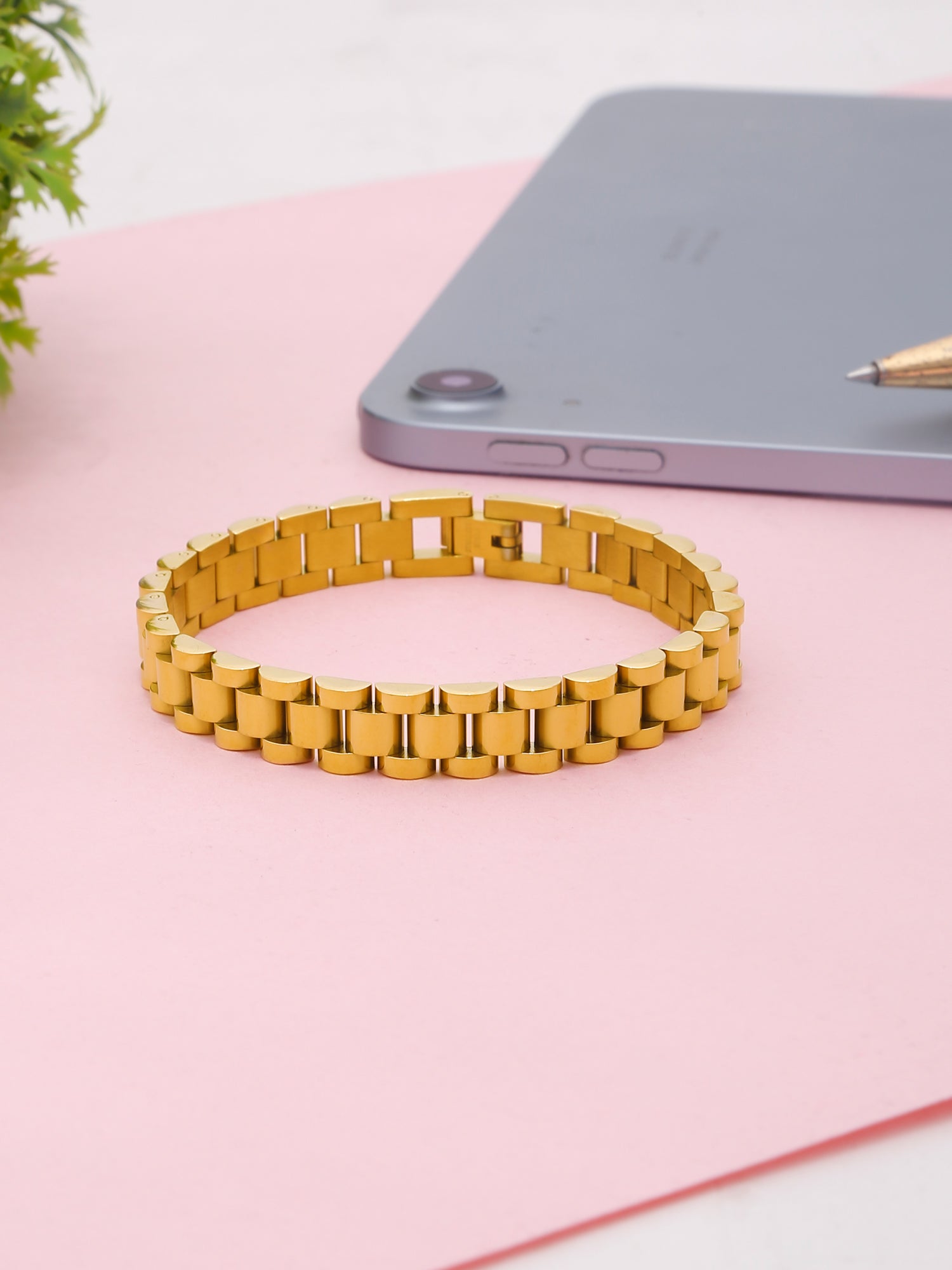Classic Watchband Strap Bracelet – 18K Gold Plated Metal Elegance for Him & Her