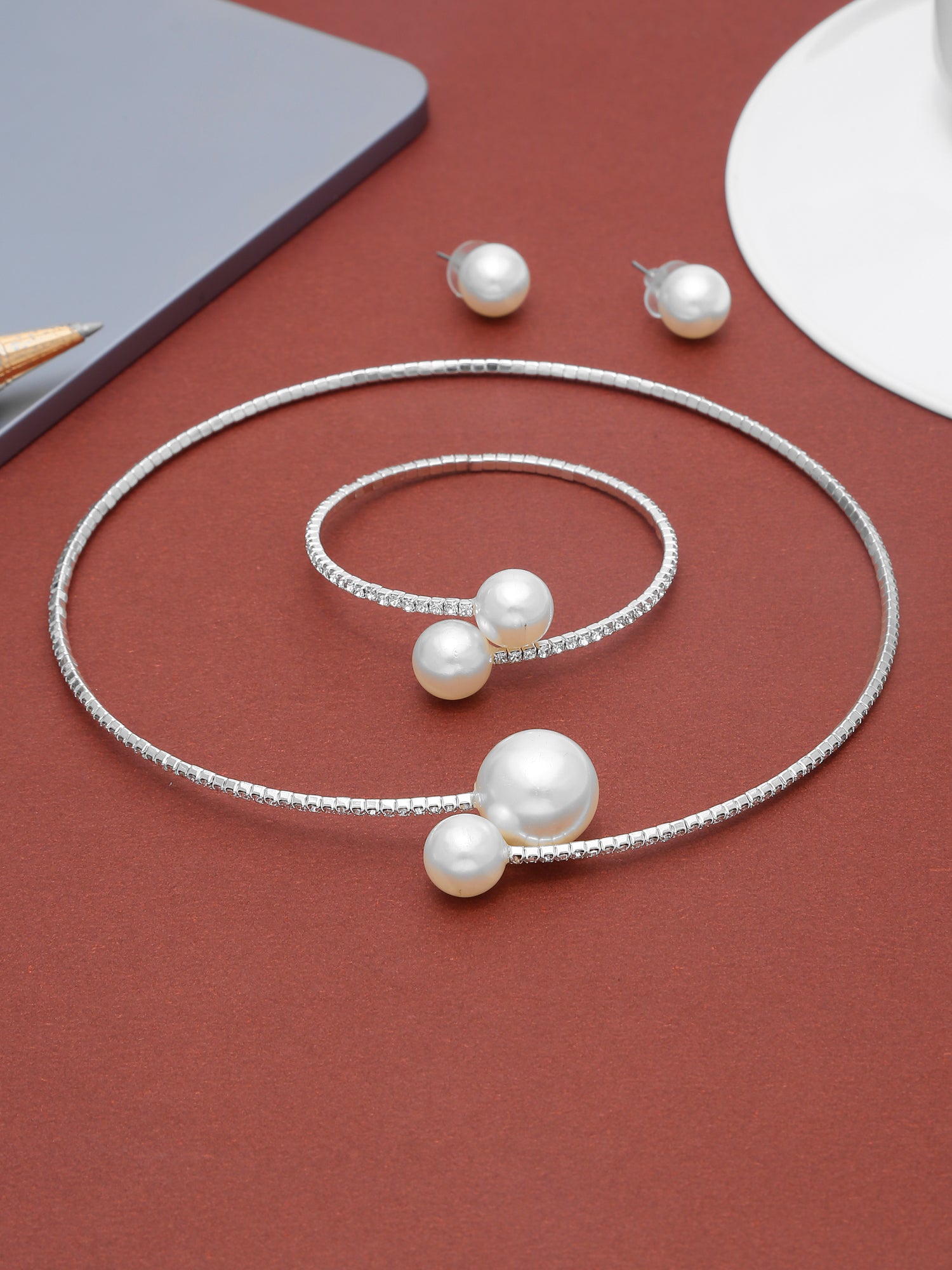 3pcs Adjustable Pearl Necklace, Bracelet & Earrings Jewelry Set