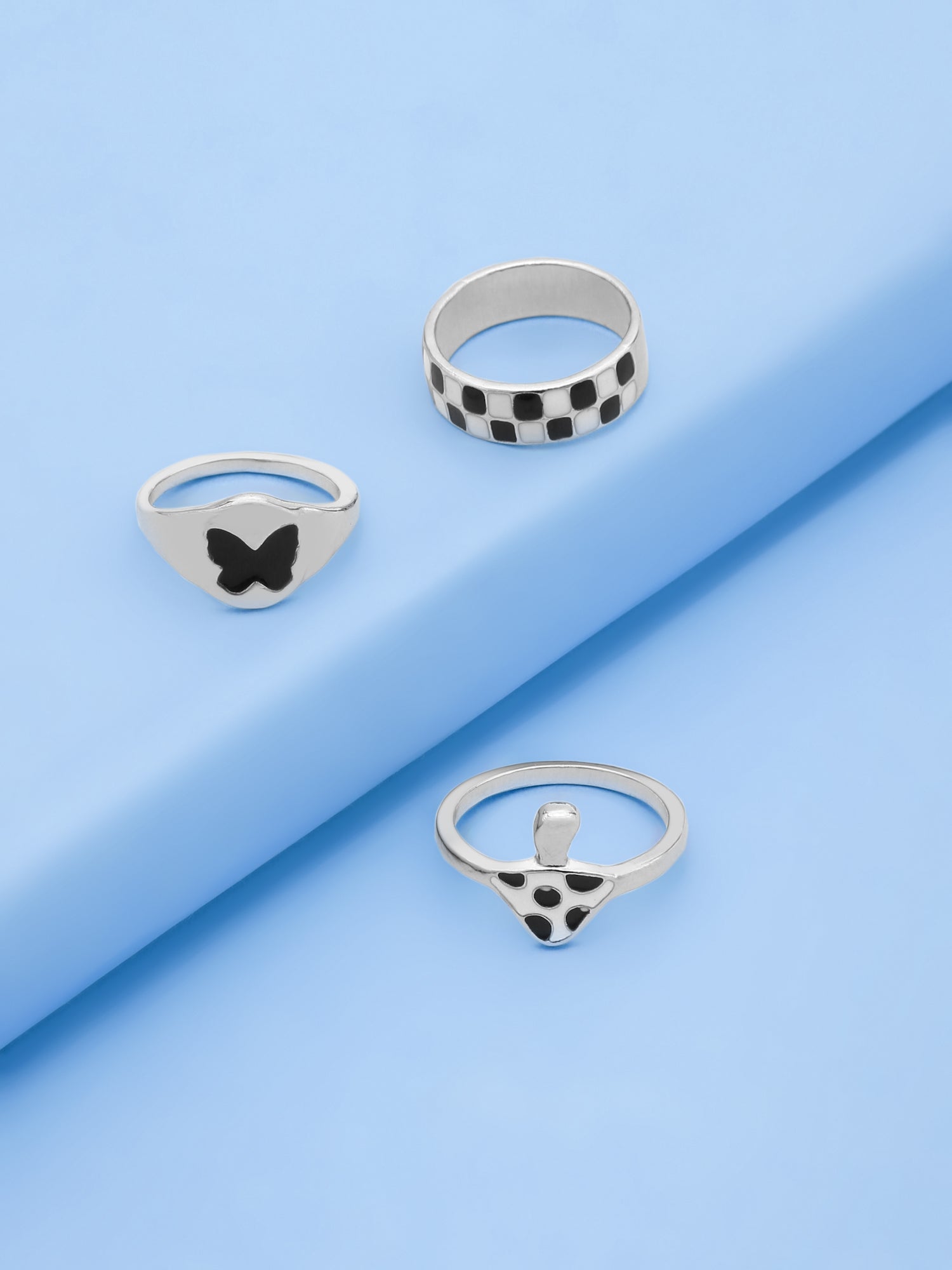 3 Pcs Checkered Black Adjustable Ring Set – Mushroom, Dome & Butterfly