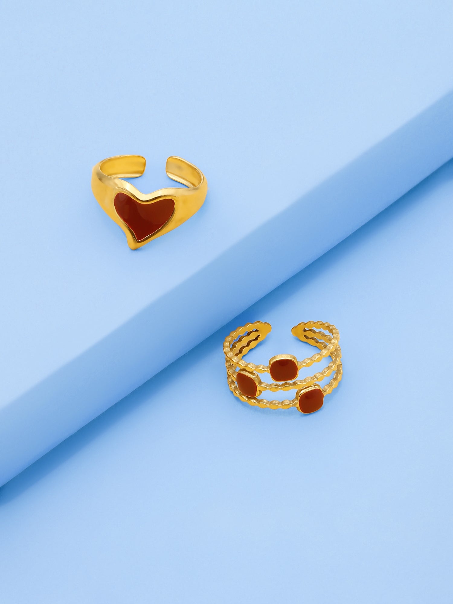 2 Pcs Adjustable Red Enamel Heart Ring Set