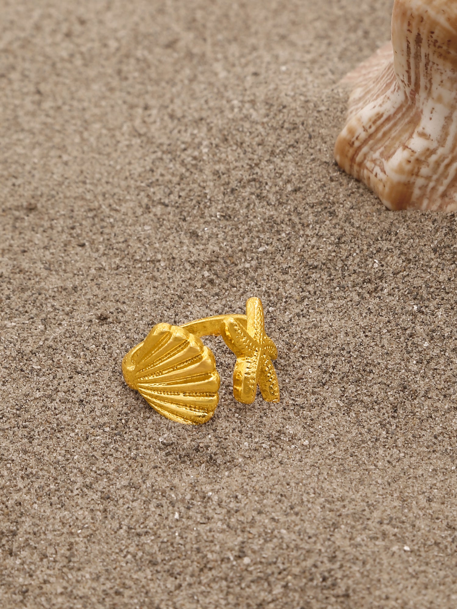 Gold Shell & Starfish Open Adjustable Ring