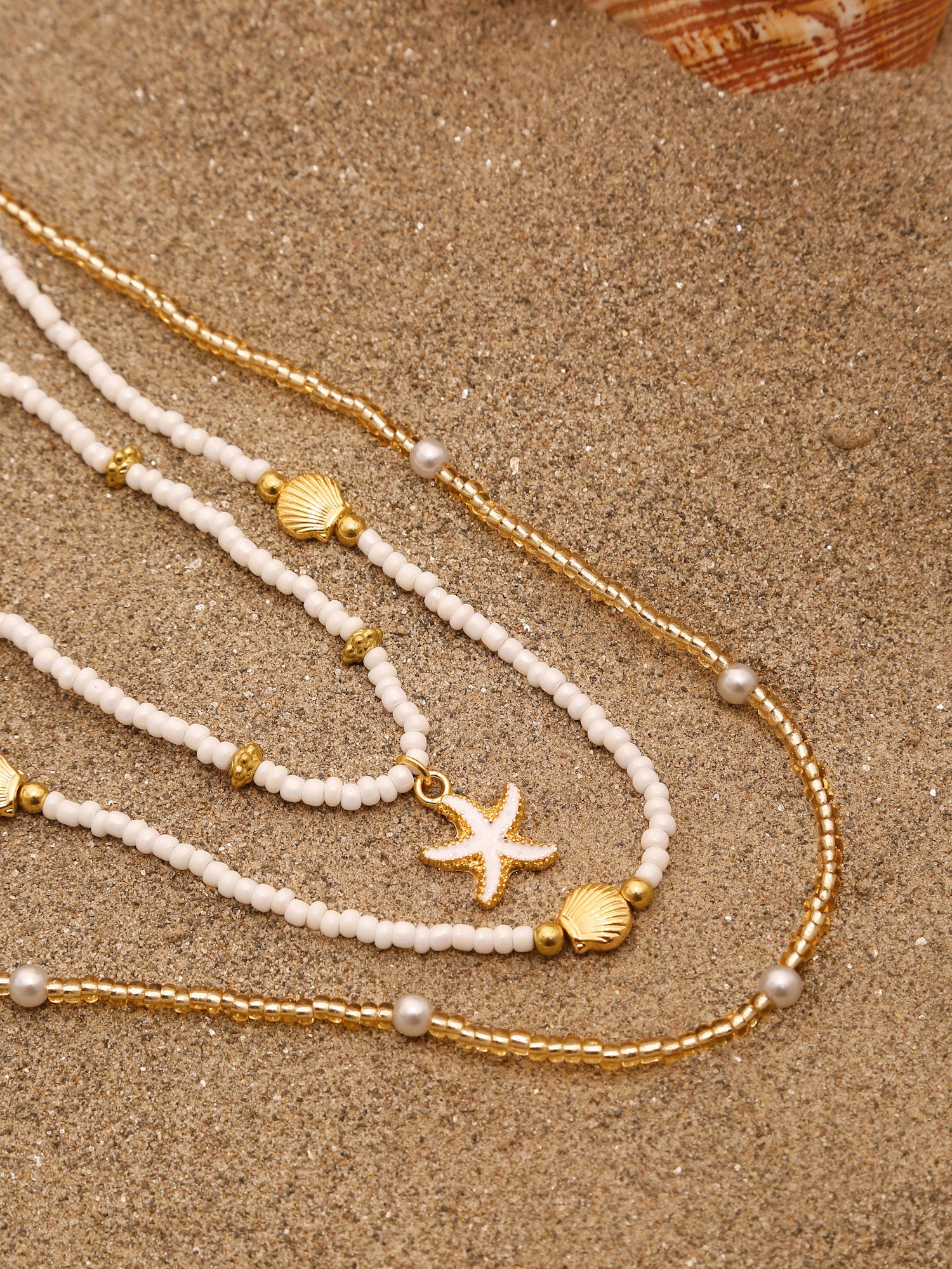 Gold Starfish & Shell Beaded Necklace Set