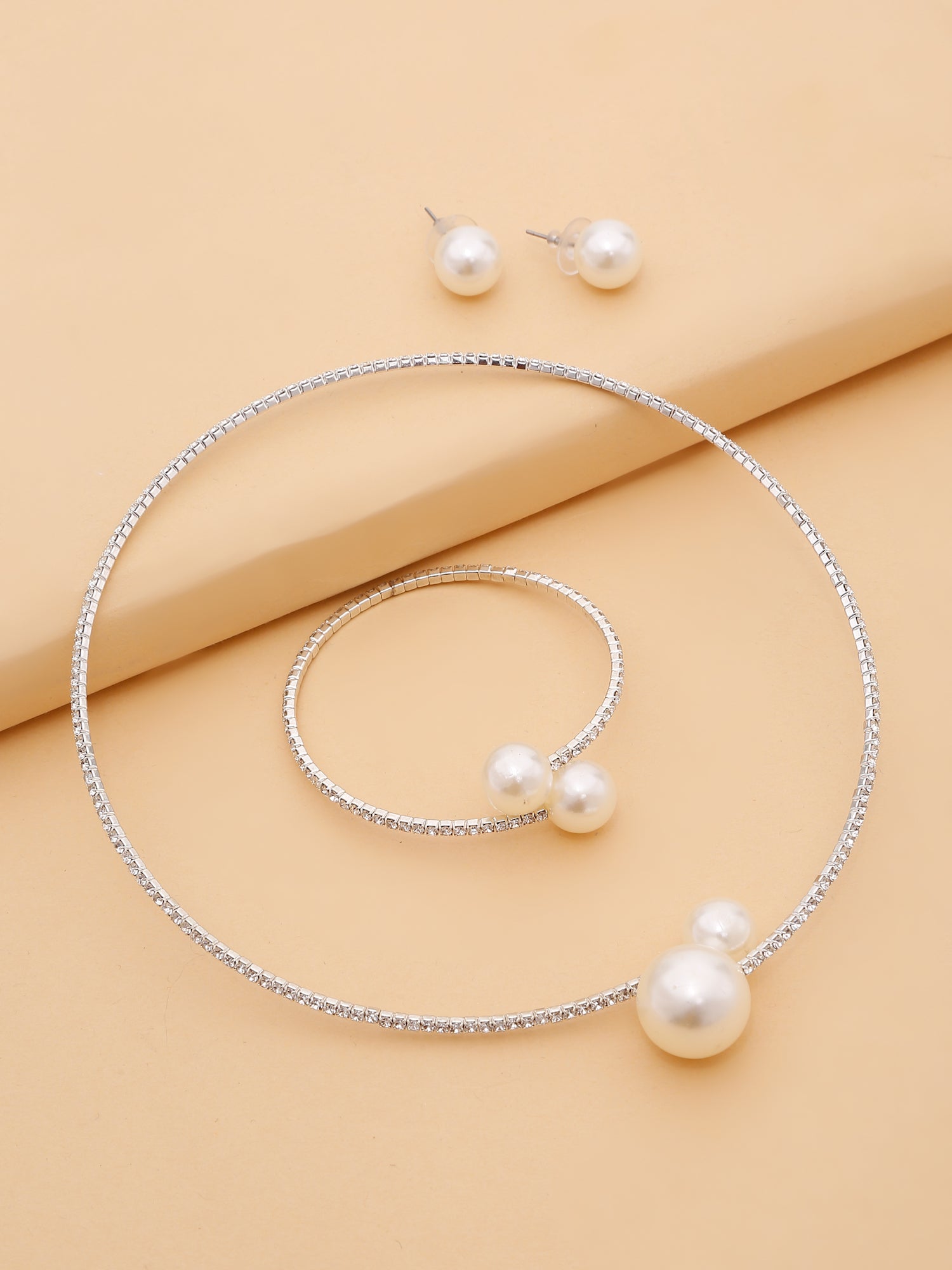 3pcs Adjustable Pearl Necklace, Bracelet & Earrings Jewelry Set