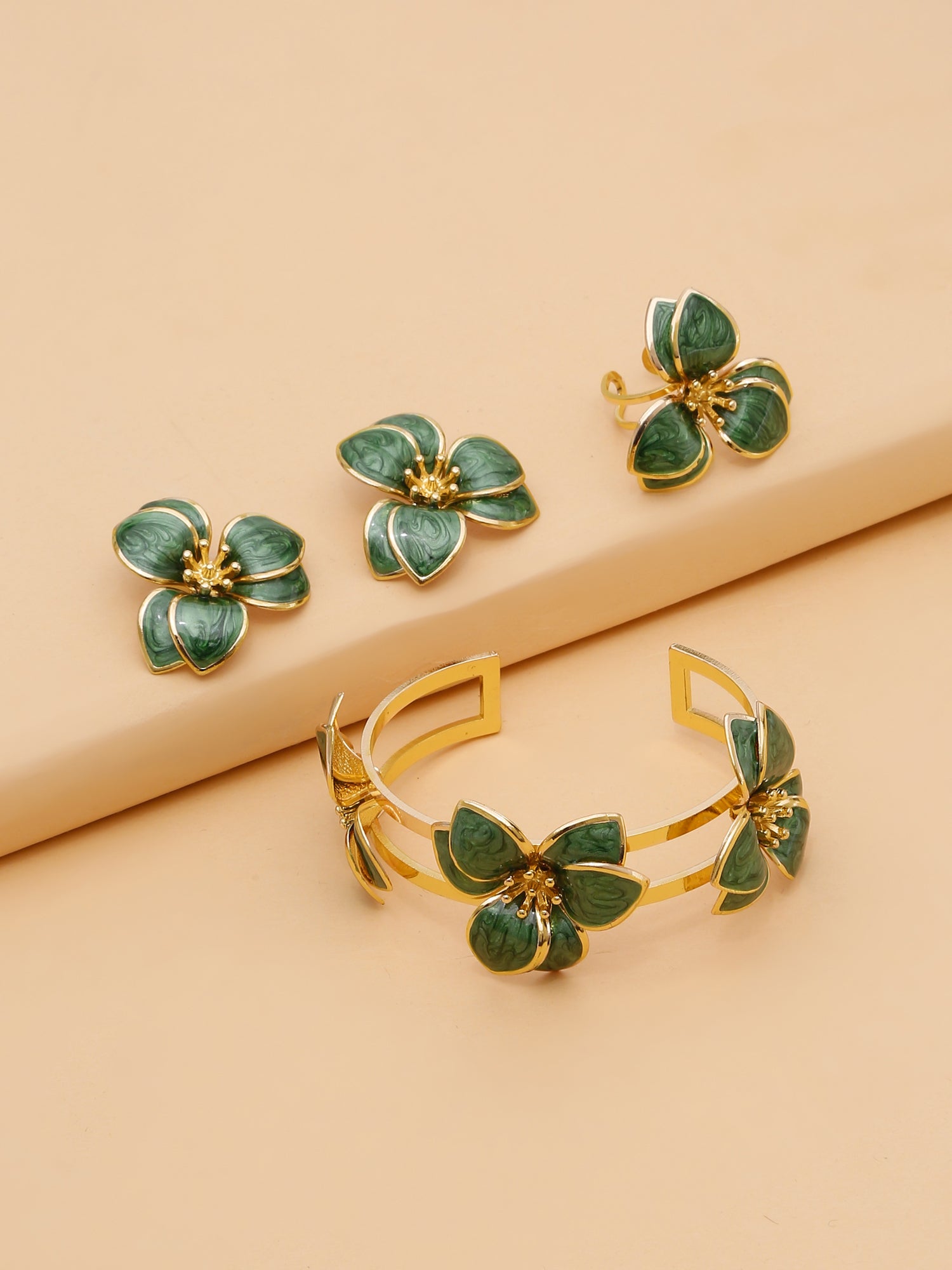 Green Enamel Floral Power Set – 3 Pc Statement Bracelet, Ring & Earrings Jewelry Set for Women